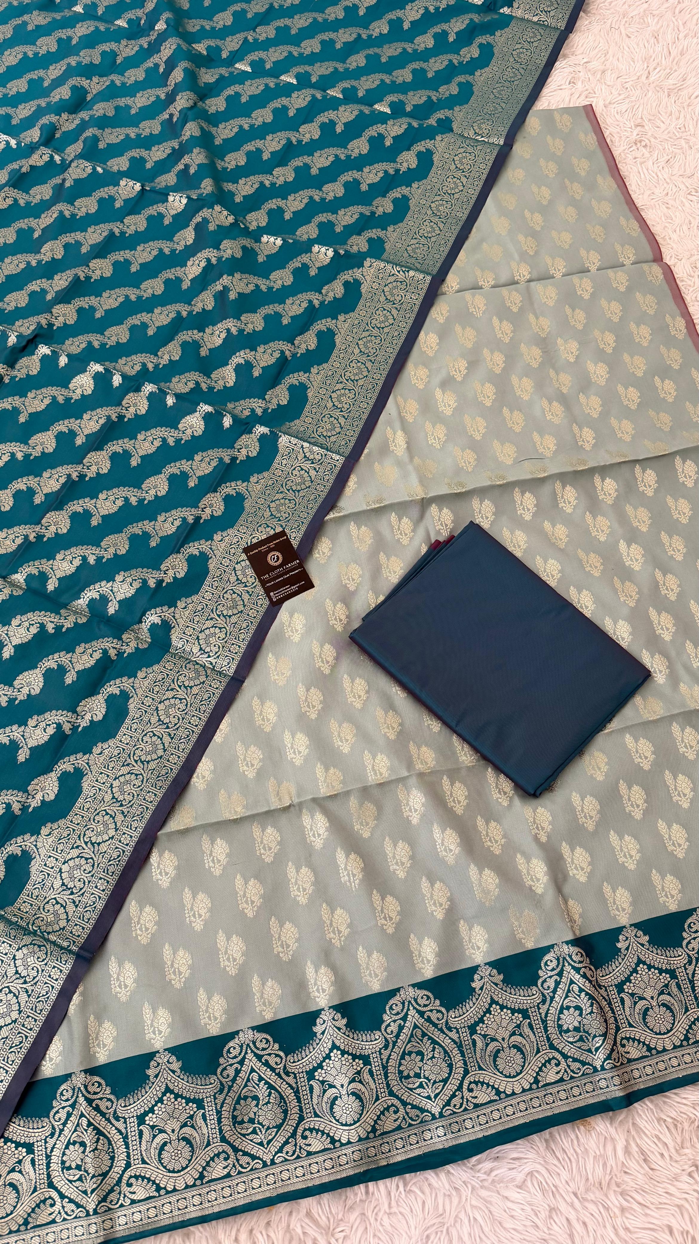 LIGHT SKY BLUE COLOR CONTRAST COTTON SILK 3 PIECE SUIT