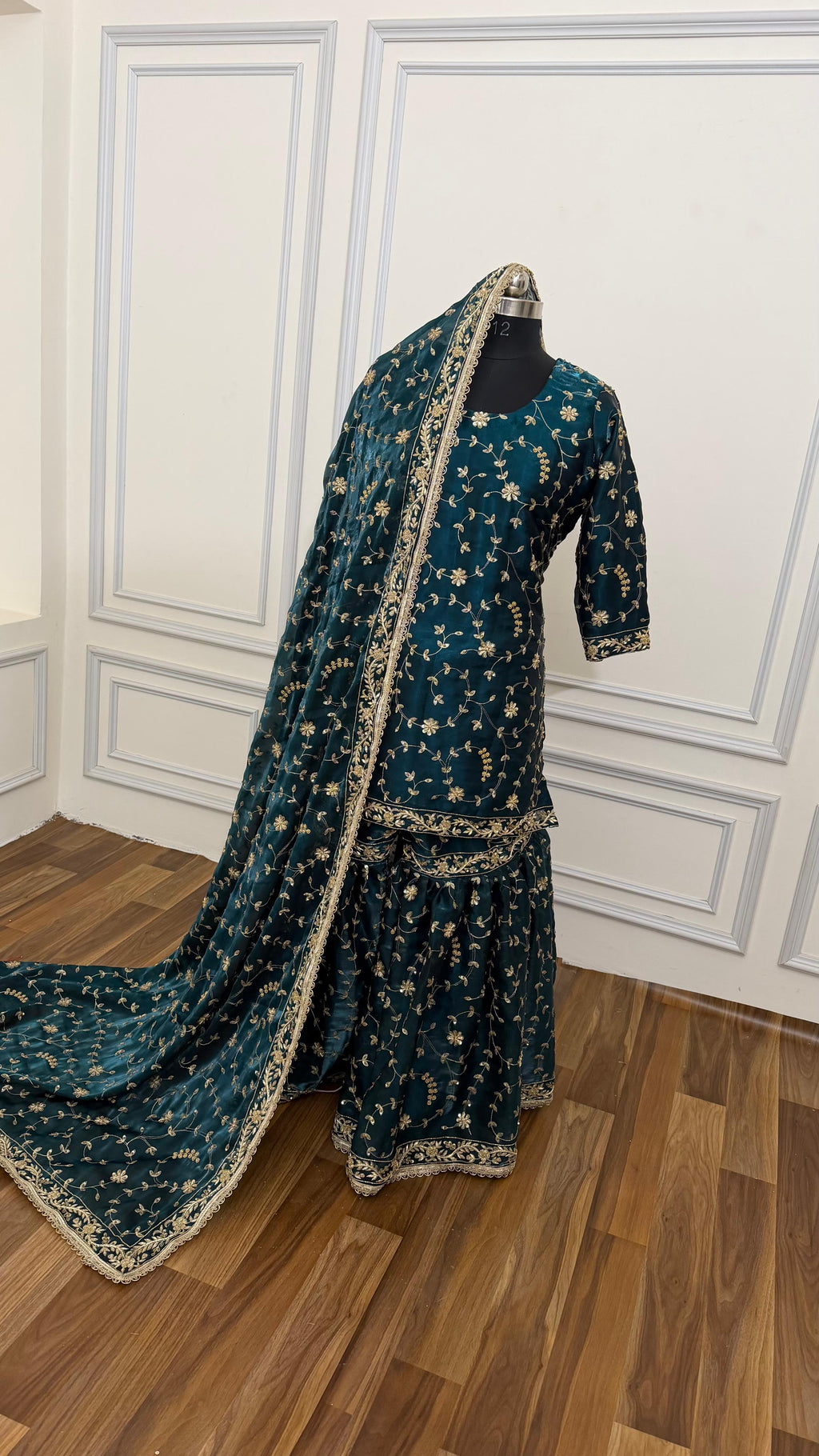 DEEP KEROSENE FULLY HANDWORK MADE GHARARA ON ITALIAN SHIMMER SILK FABRIC