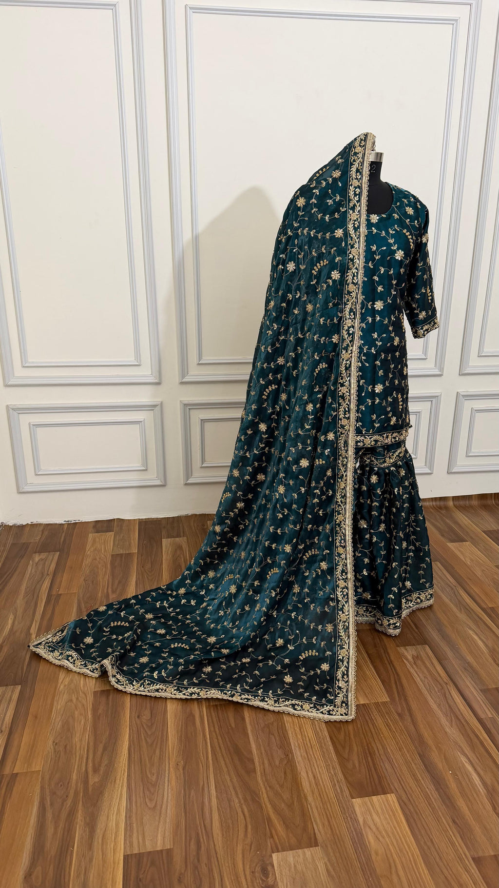 DEEP KEROSENE FULLY HANDWORK MADE GHARARA ON ITALIAN SHIMMER SILK FABRIC
