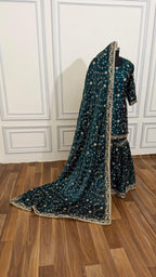 DEEP KEROSENE FULLY HANDWORK MADE GHARARA ON ITALIAN SHIMMER SILK FABRIC