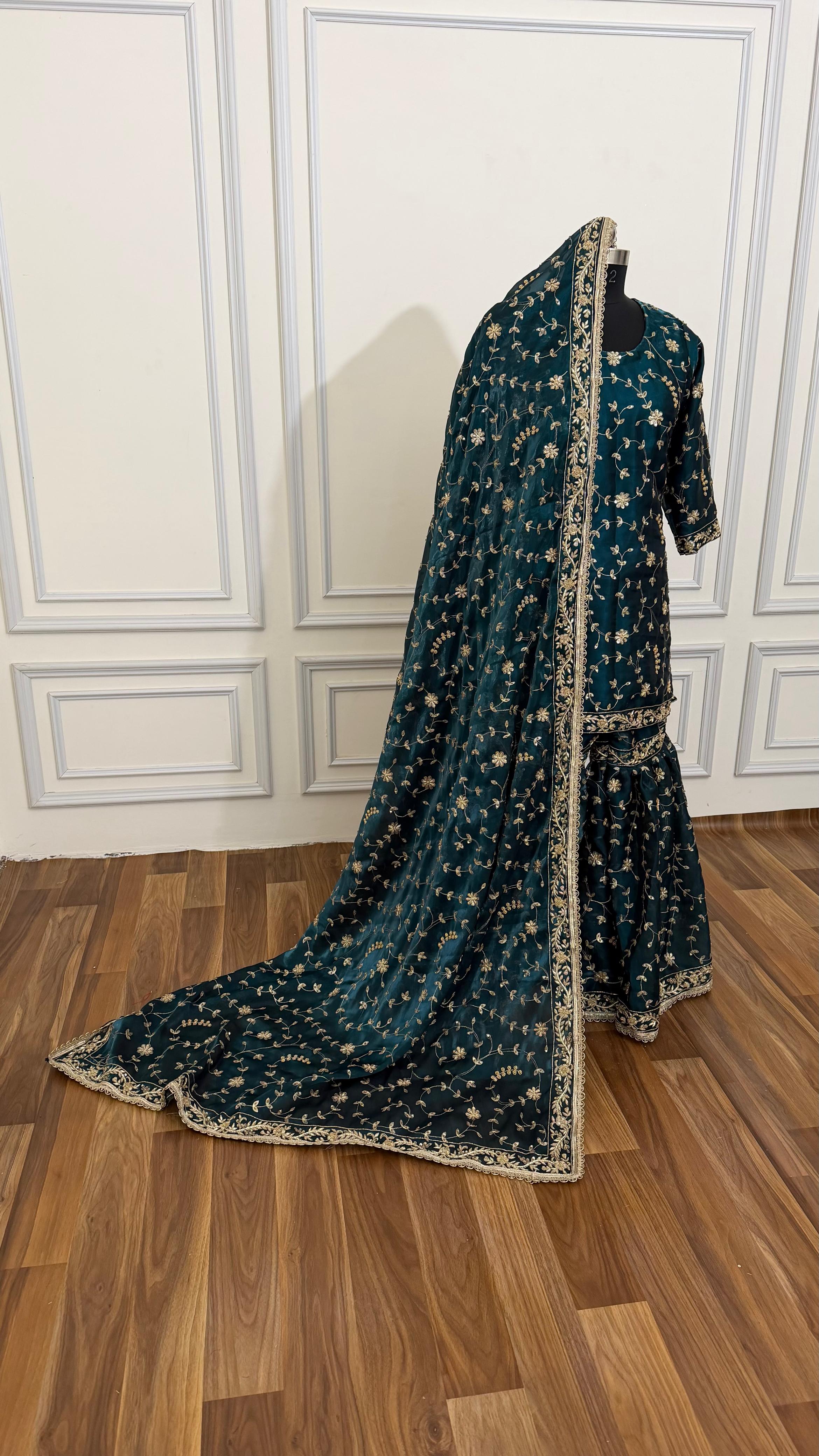 DEEP KEROSENE FULLY HANDWORK MADE GHARARA ON ITALIAN SHIMMER SILK FABRIC