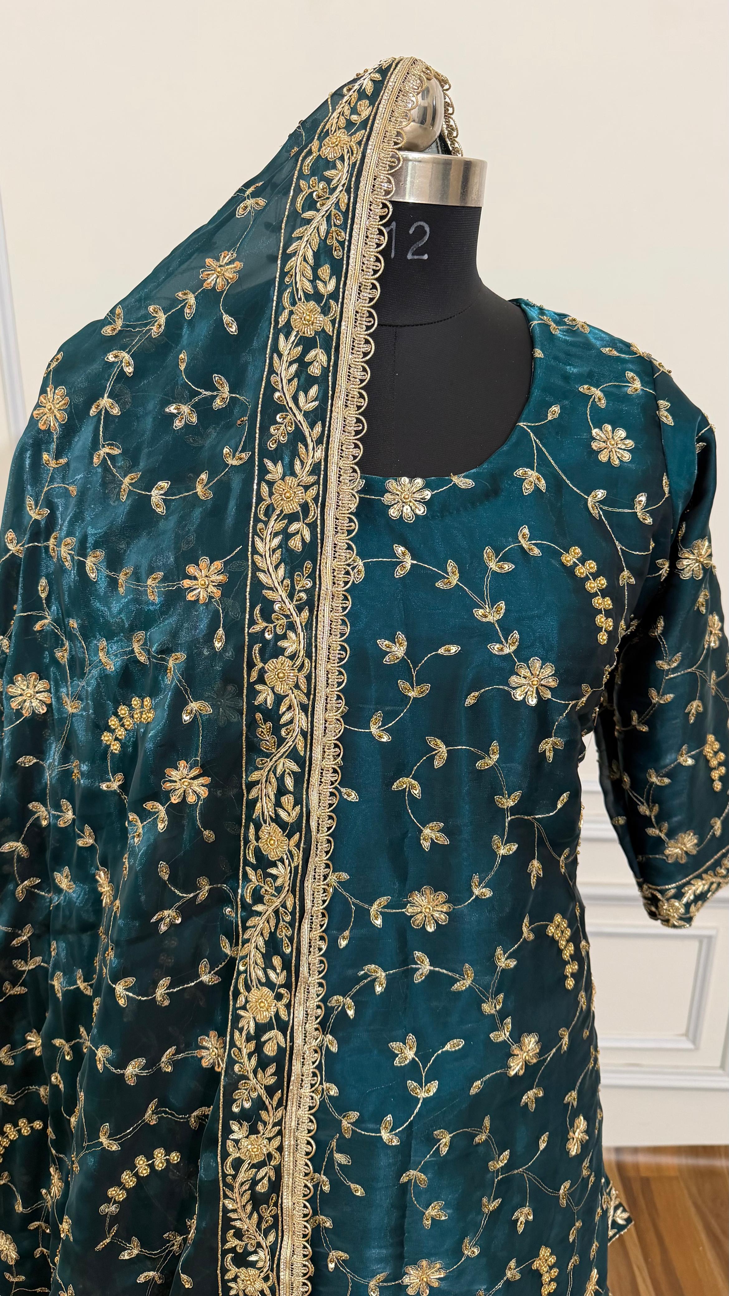DEEP KEROSENE FULLY HANDWORK MADE GHARARA ON ITALIAN SHIMMER SILK FABRIC