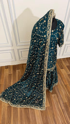 DEEP KEROSENE FULLY HANDWORK MADE GHARARA ON ITALIAN SHIMMER SILK FABRIC