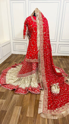 PURE KATAAN SILK BASED HAND WORK RED FARSHI LEHENGA