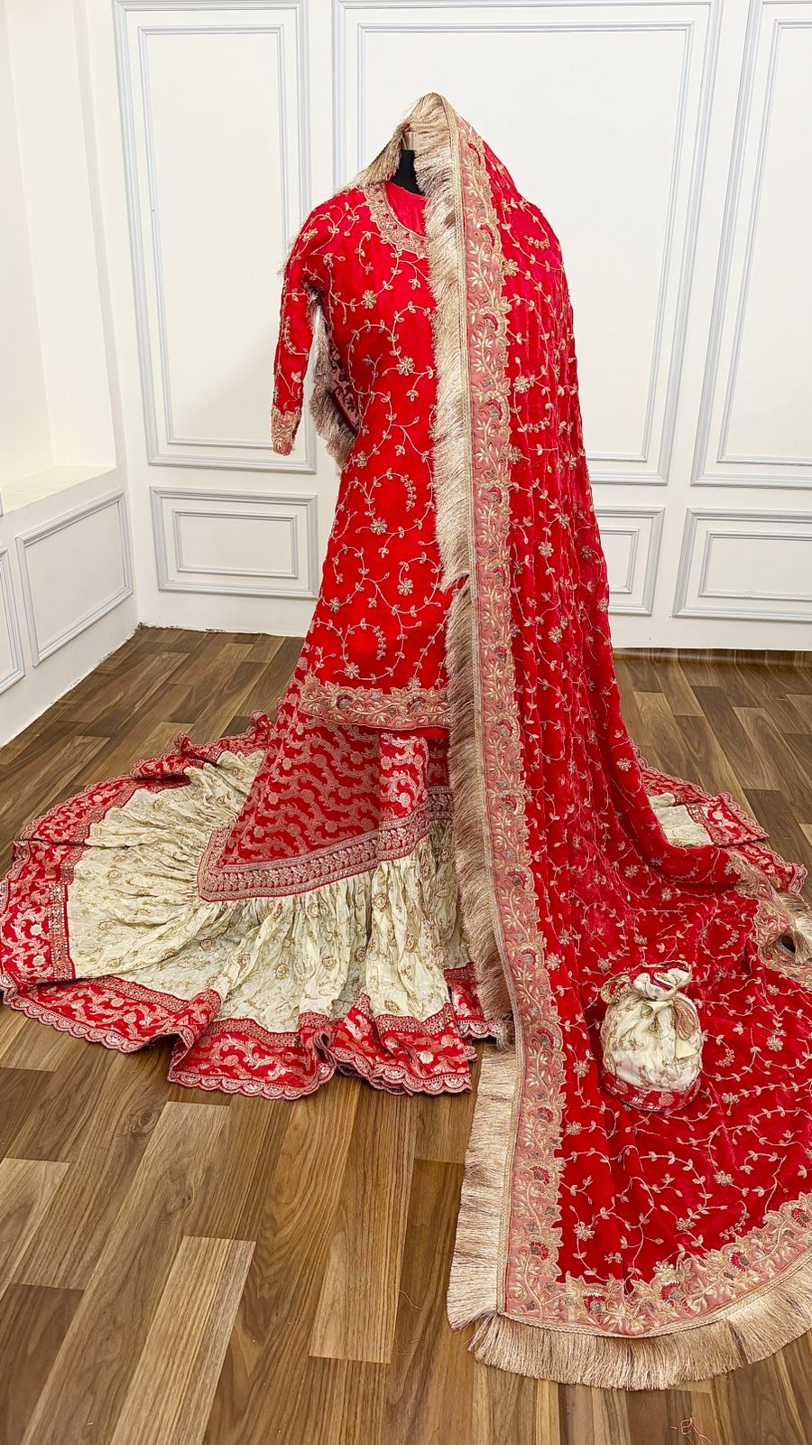 PURE KATAAN SILK BASED HAND WORK RED FARSHI LEHENGA