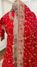 PURE KATAAN SILK BASED HAND WORK RED FARSHI LEHENGA