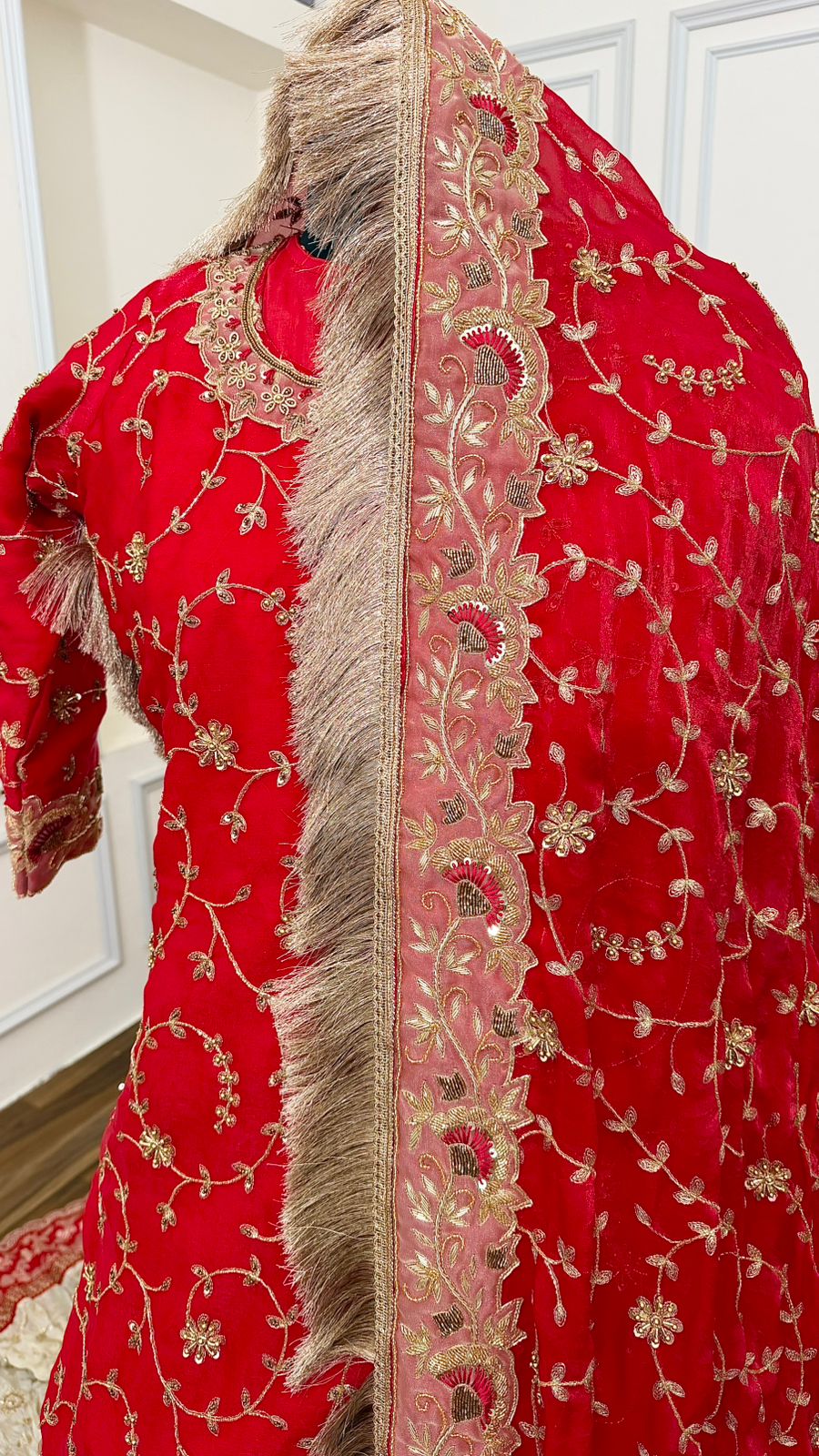 PURE KATAAN SILK BASED HAND WORK RED FARSHI LEHENGA