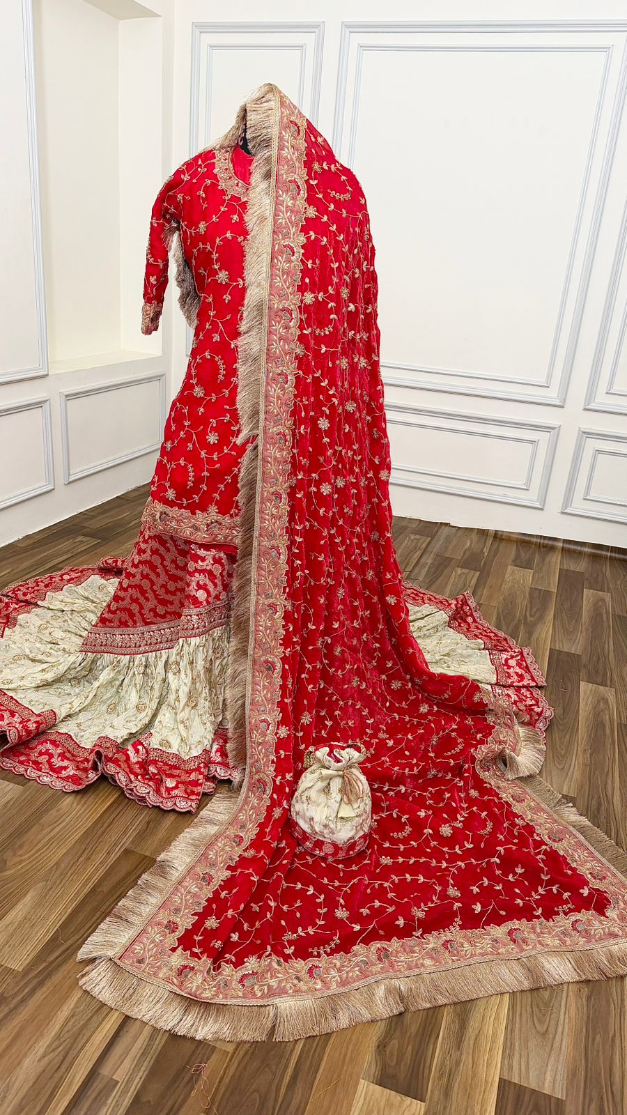 PURE KATAAN SILK BASED HAND WORK RED FARSHI LEHENGA