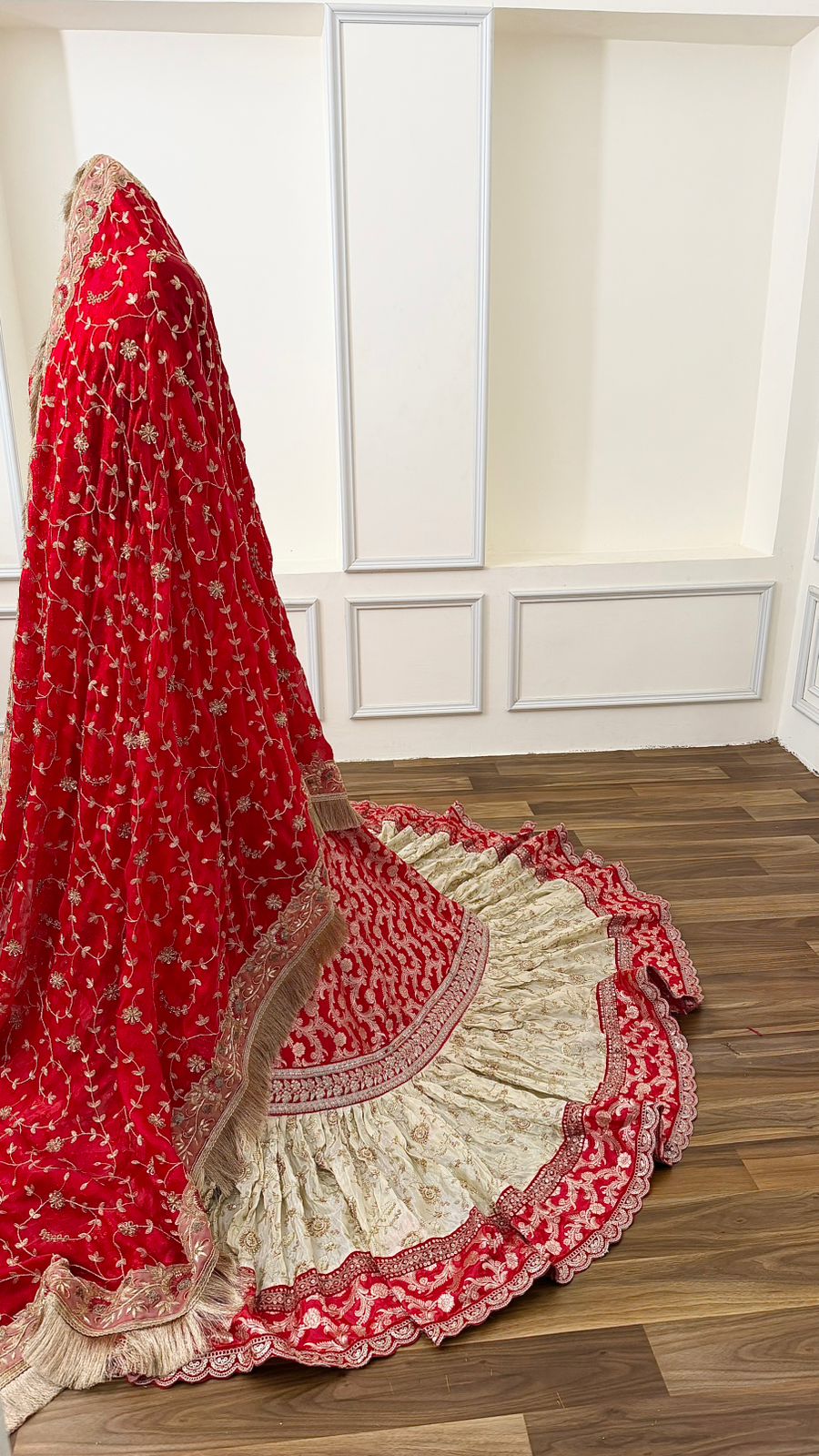 PURE KATAAN SILK BASED HAND WORK RED FARSHI LEHENGA