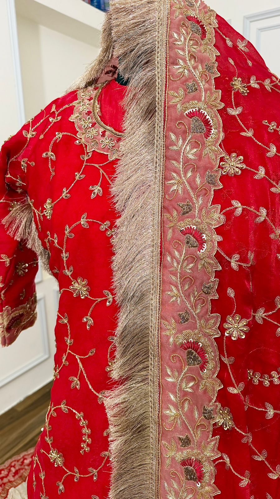 PURE KATAAN SILK BASED HAND WORK RED FARSHI LEHENGA
