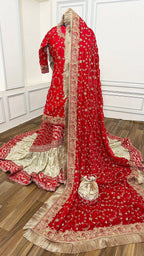 PURE KATAAN SILK BASED HAND WORK RED FARSHI LEHENGA
