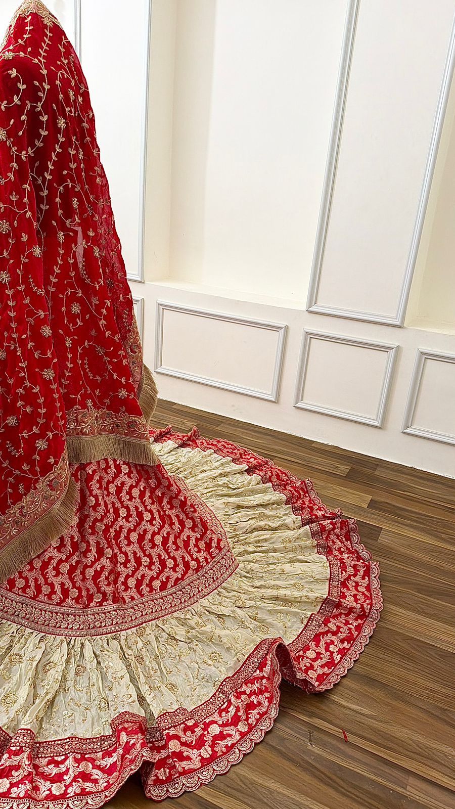 PURE KATAAN SILK BASED HAND WORK RED FARSHI LEHENGA
