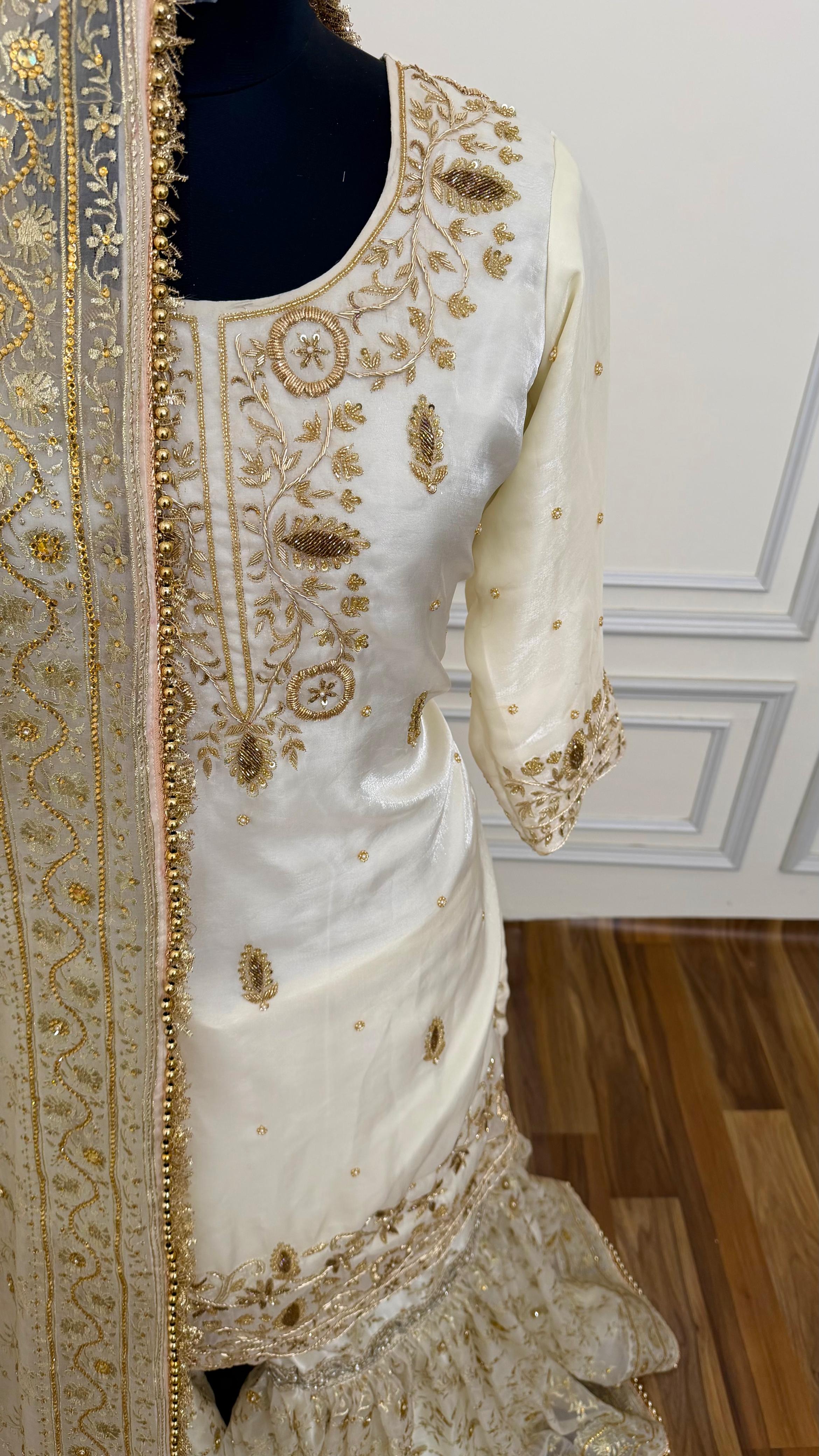 Handwork kurti in off white organza gharara