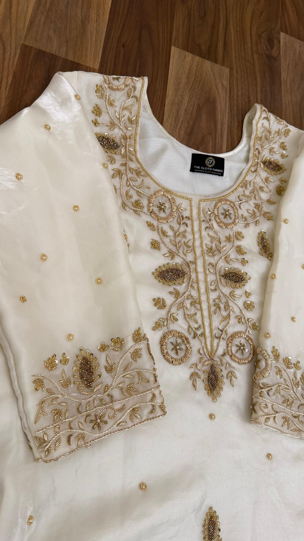 Handwork kurti in off white organza gharara