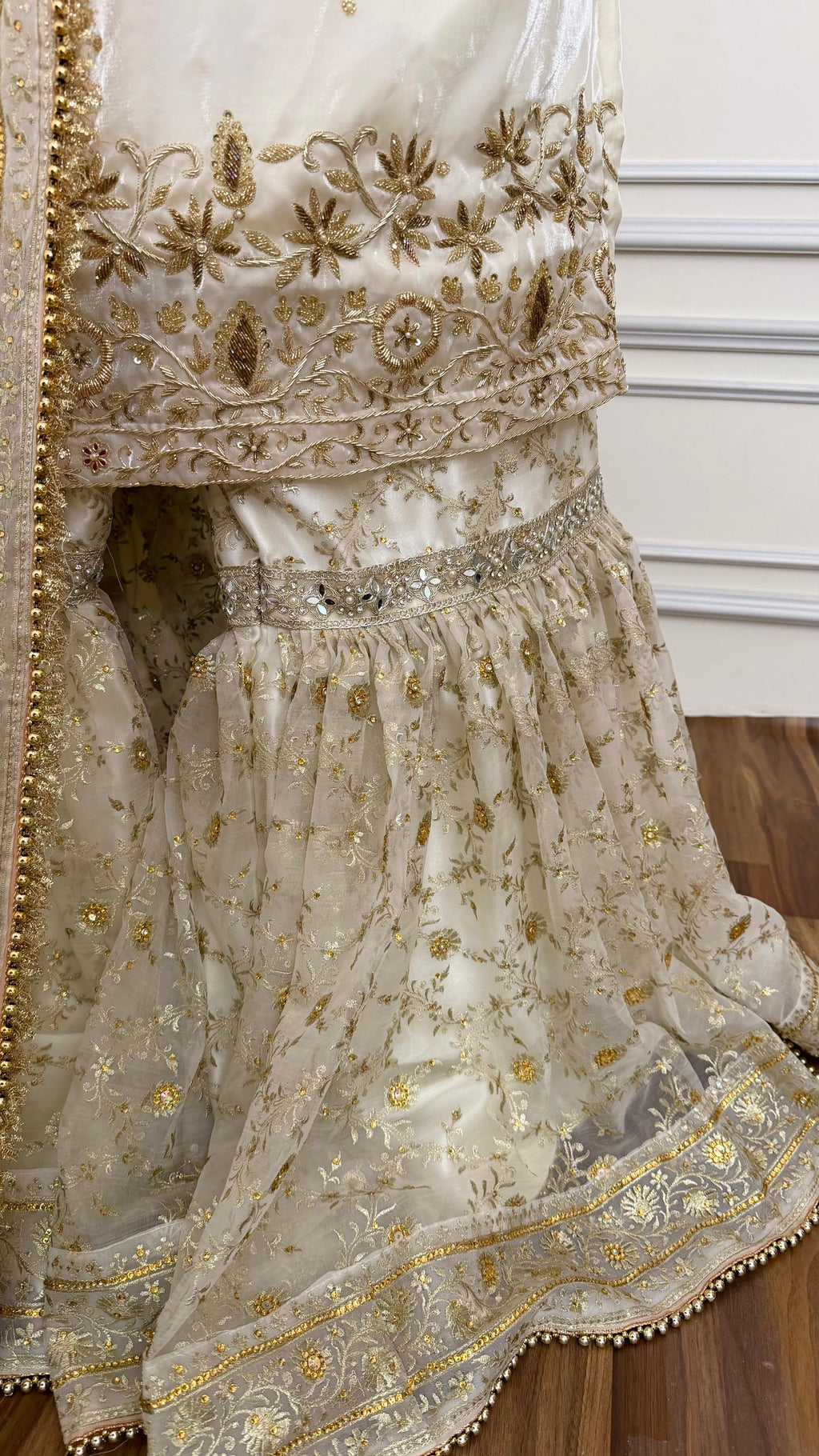 Handwork kurti in off white organza gharara