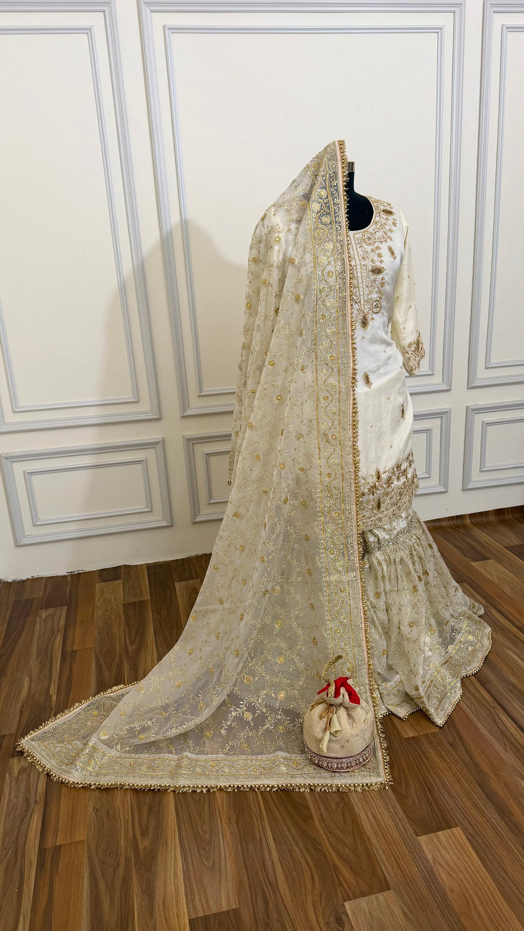 Handwork kurti in off white organza gharara