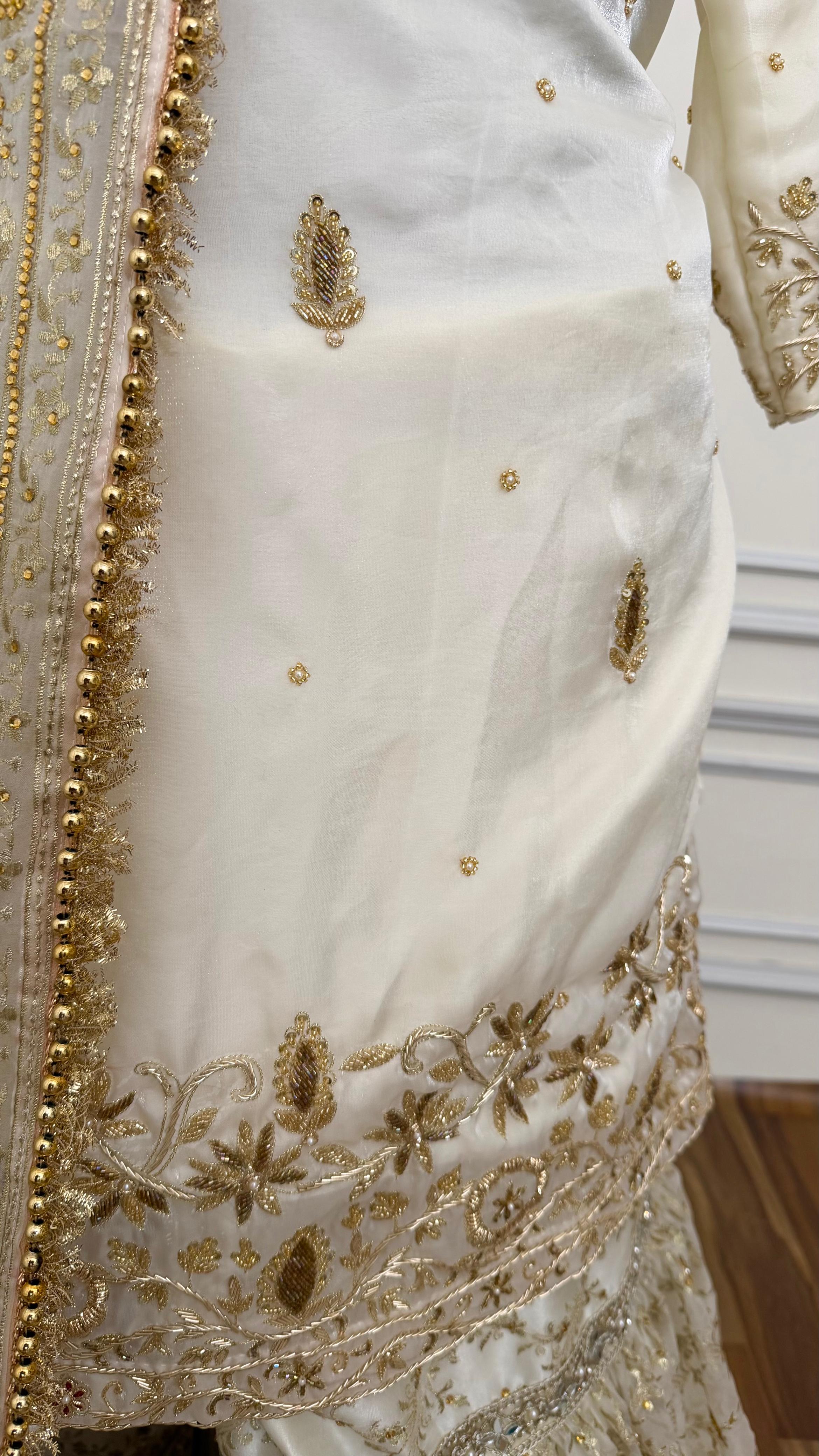 Handwork kurti in off white organza gharara