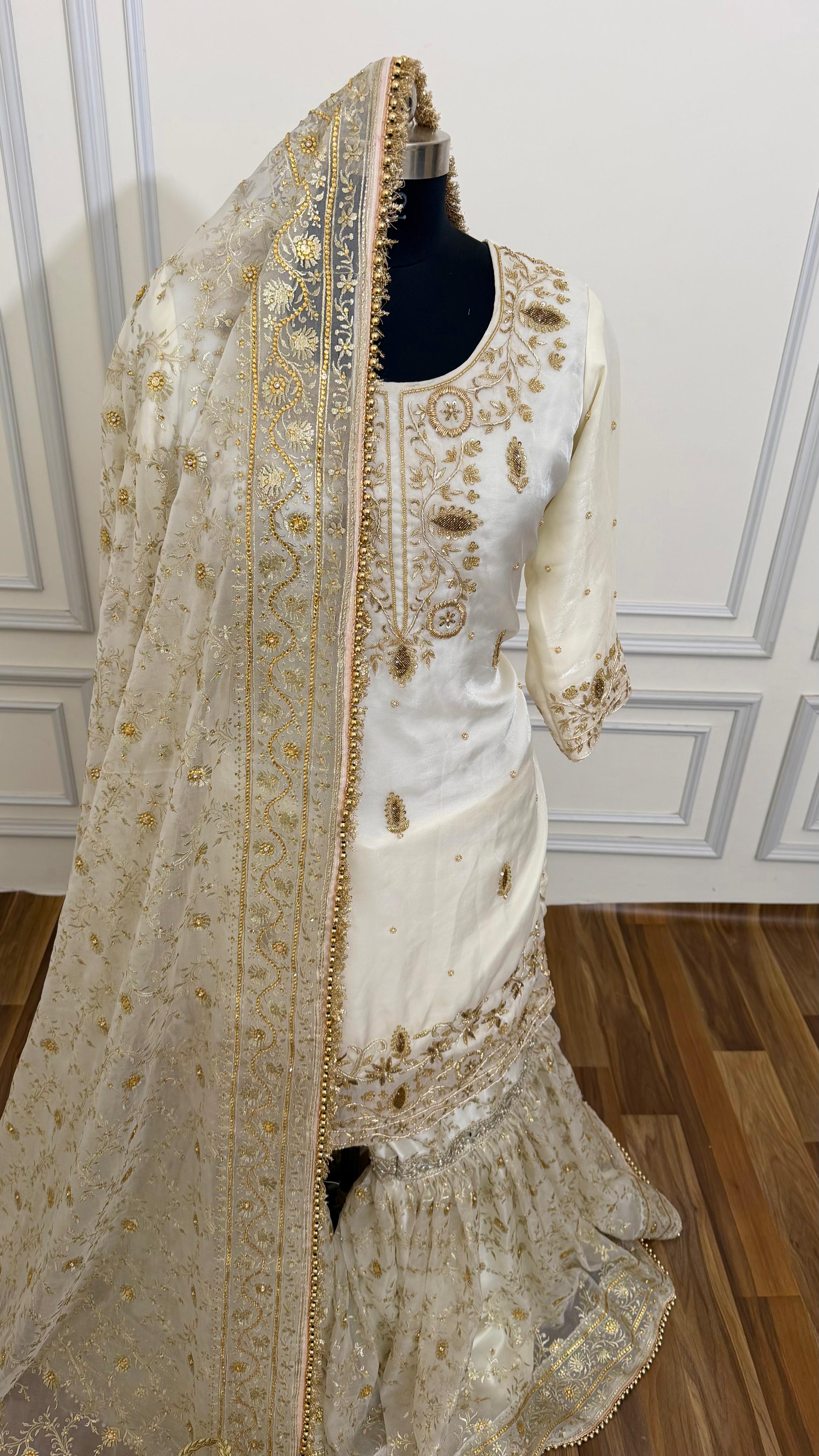 Handwork kurti in off white organza gharara
