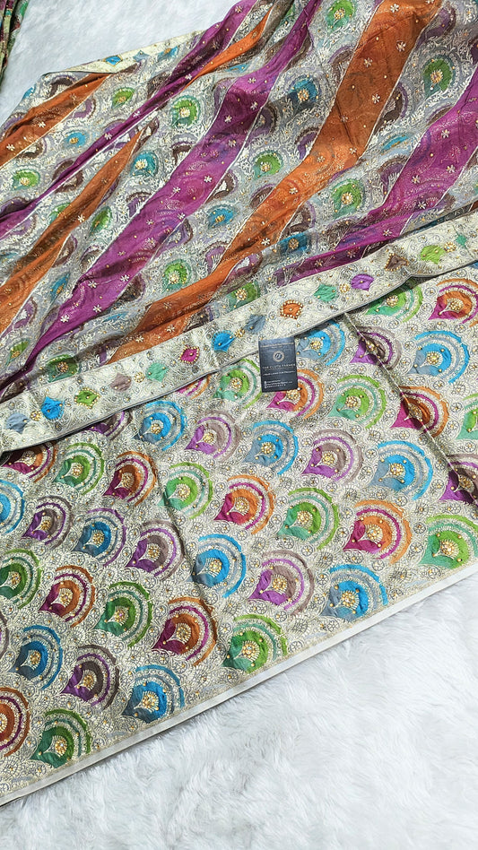 Spherical Multi Colour Kataan Silk Kimkhab Gharara