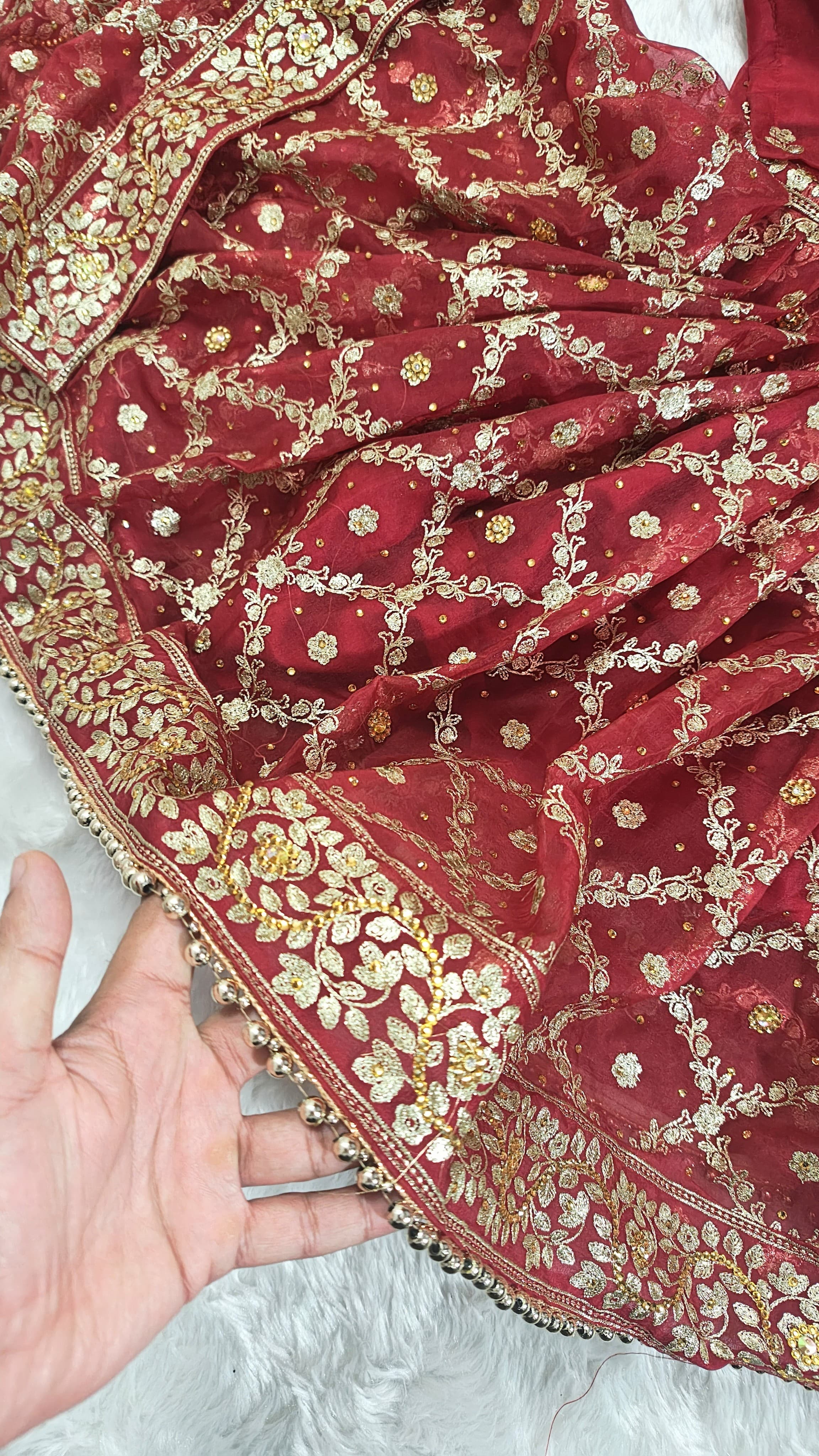 Bridal Maroon Jaal Pattern Embroidered Gharara