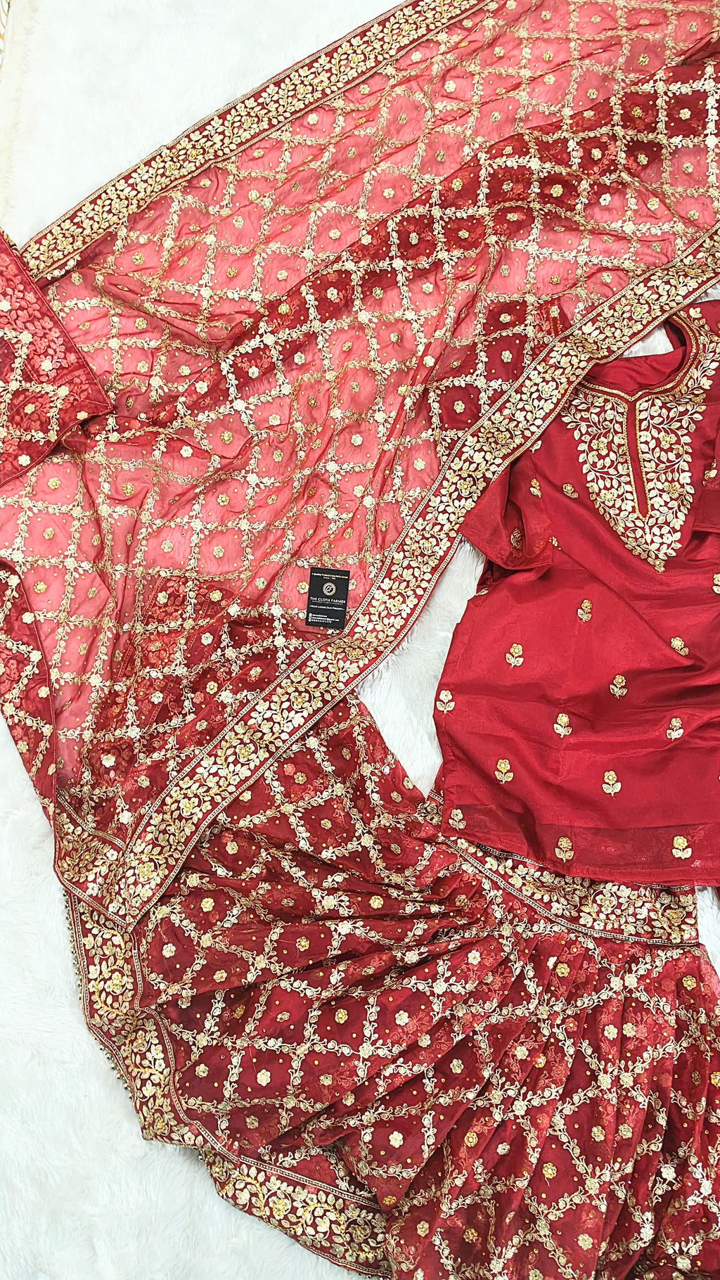 Bridal Maroon Jaal Pattern Embroidered Gharara