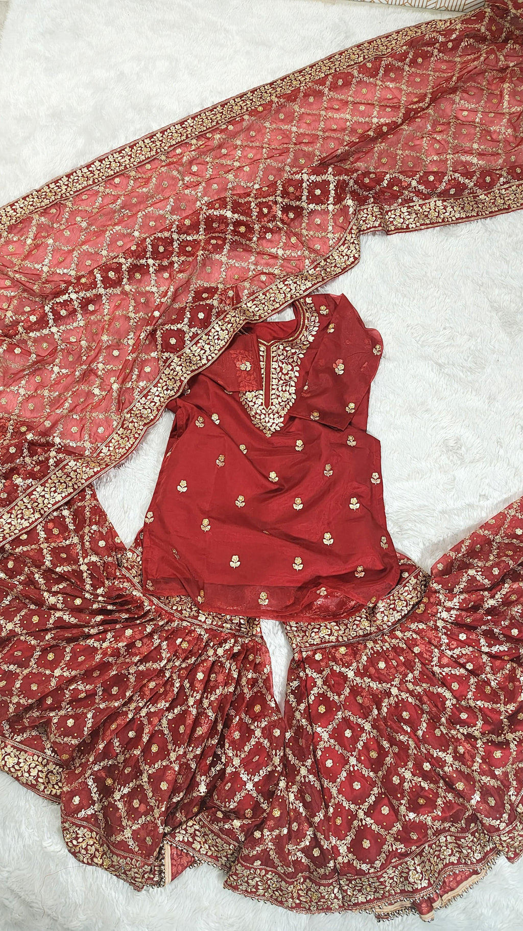 Bridal Maroon Jaal Pattern Embroidered Gharara