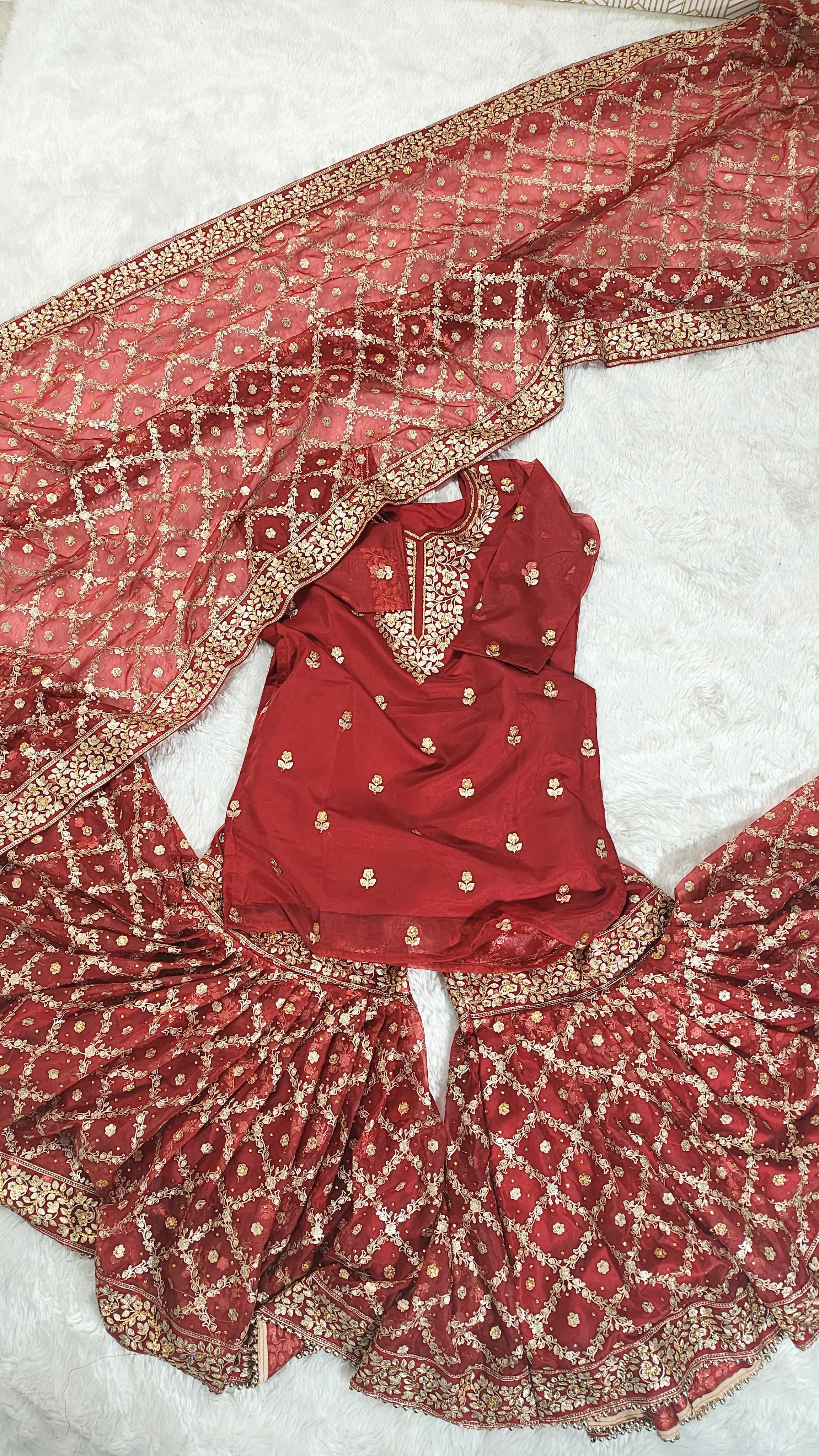 Bridal Maroon Jaal Pattern Embroidered Gharara