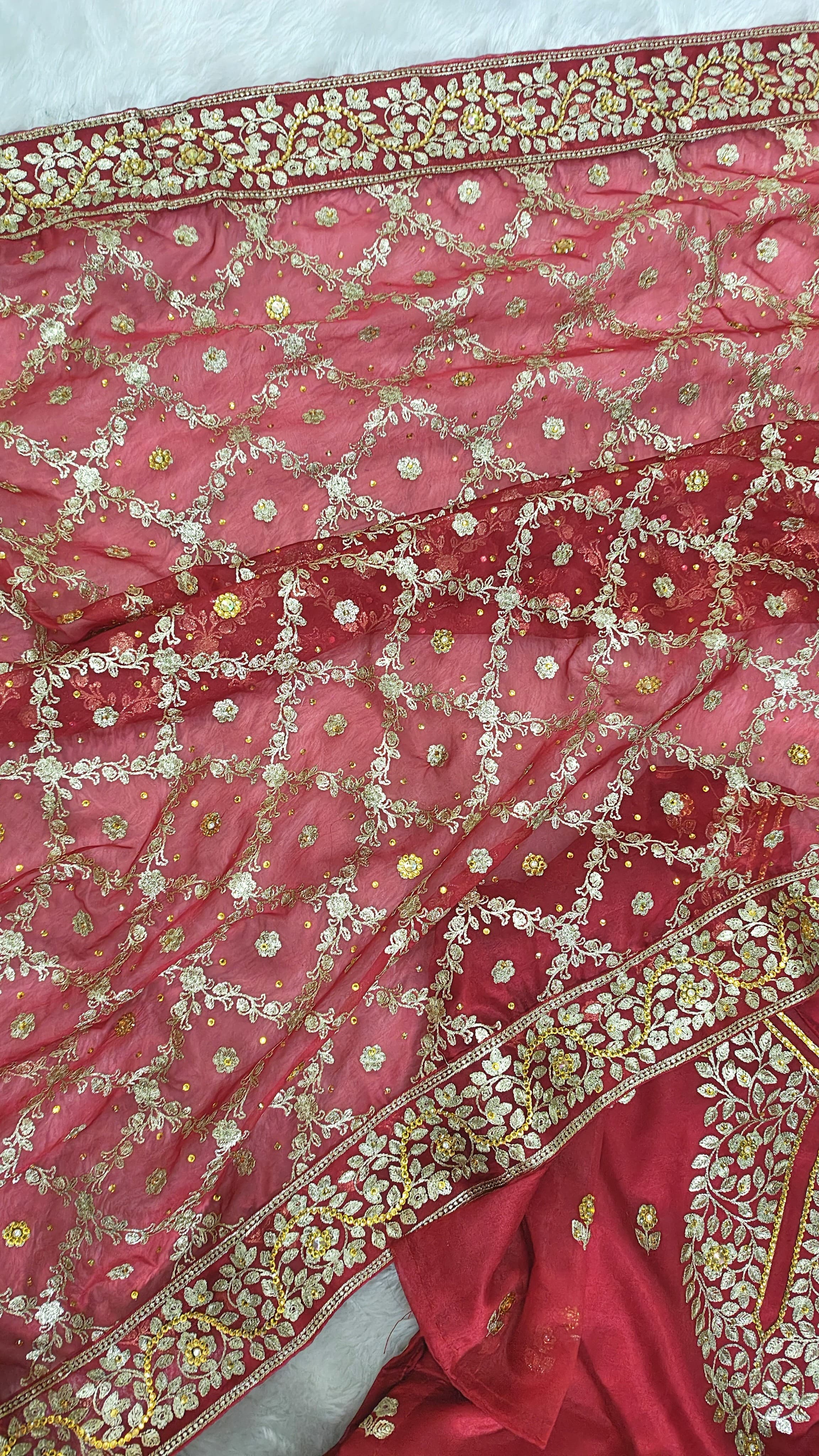 Bridal Maroon Jaal Pattern Embroidered Gharara
