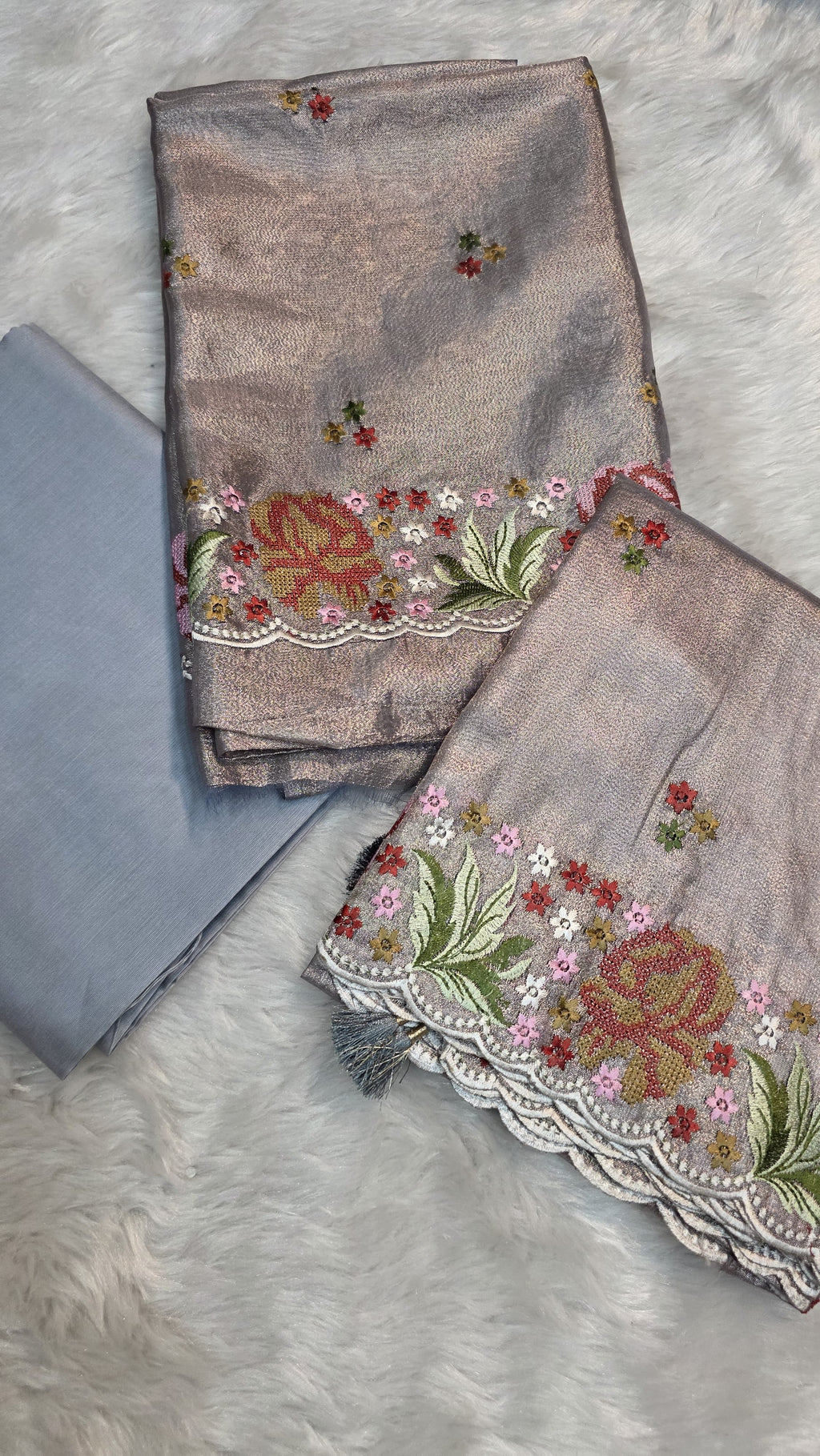 Off Silver Organza Silk 3 Piece Suit