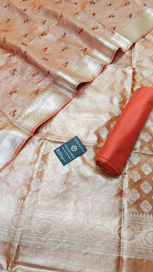 Rust Tissue Silk 3 Piece Weaving Suit with Zari Border Meenadar Dupatta