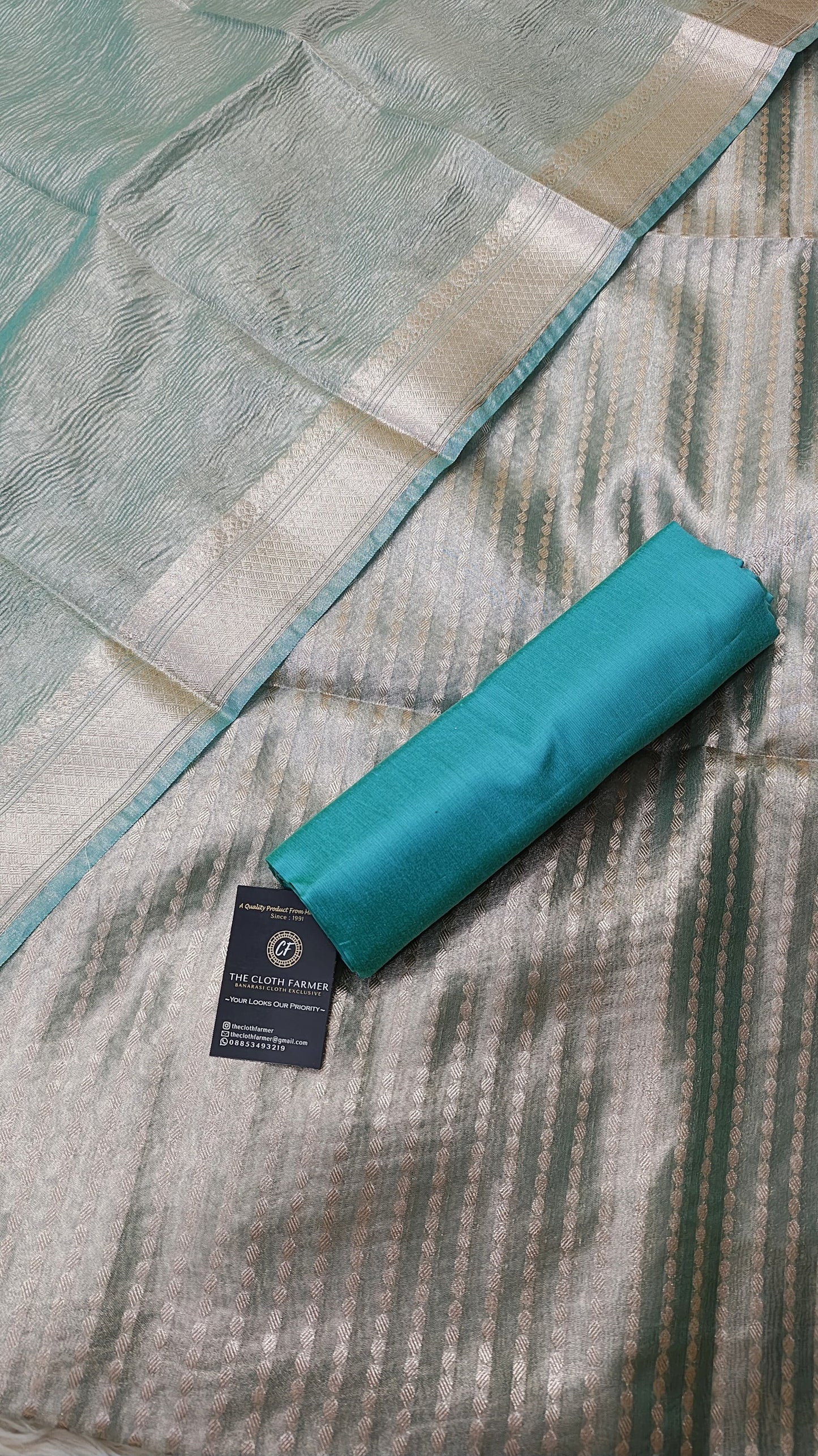 Firozi Tissue Silk 3 Piece Weaving Lining  Suit with Zari Border Jhalar Dupatta