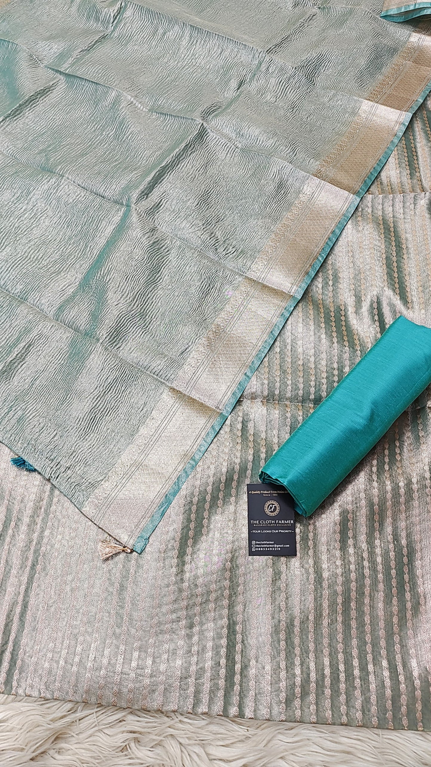 Firozi Tissue Silk 3 Piece Weaving Lining  Suit with Zari Border Jhalar Dupatta