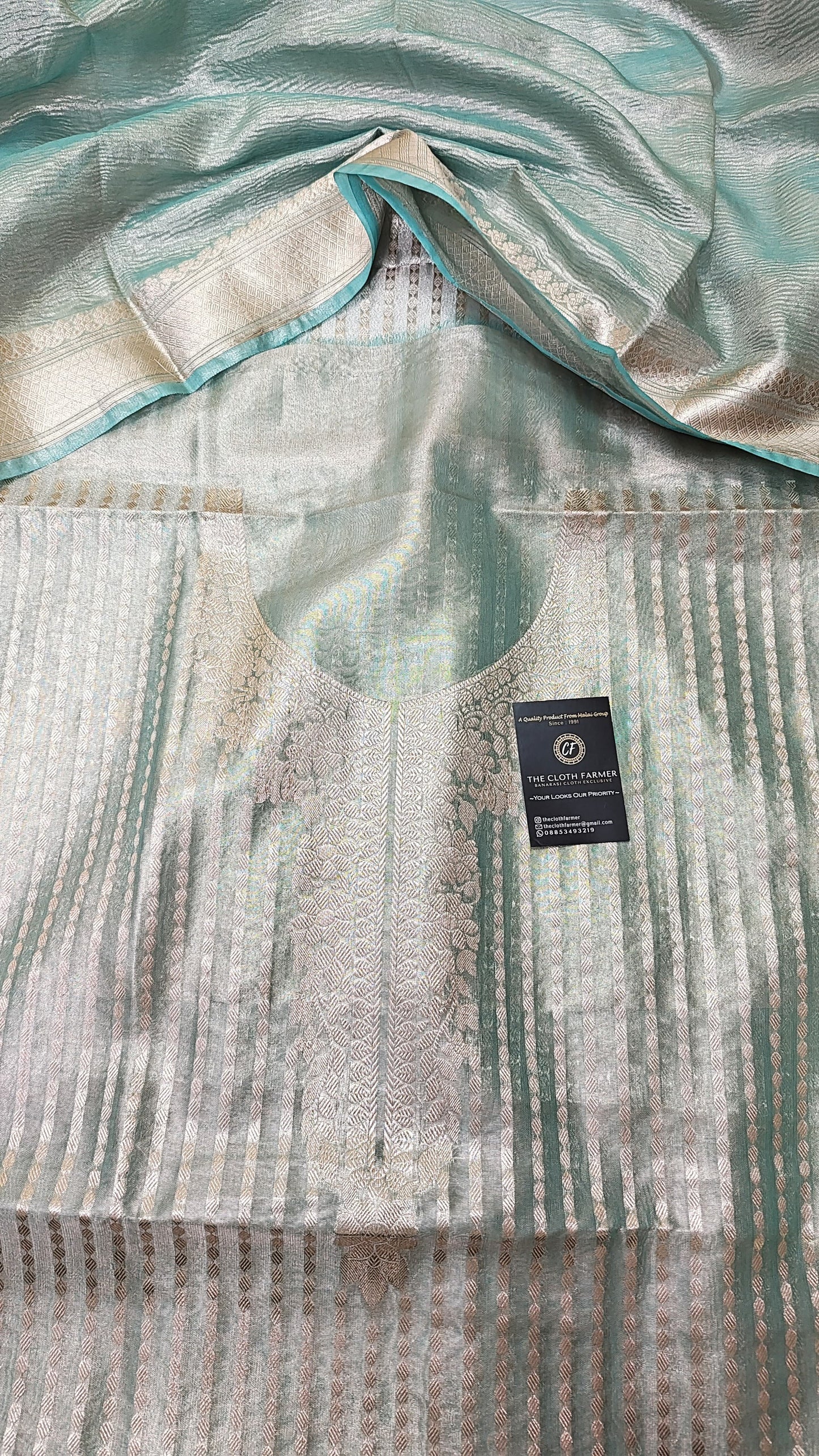 Firozi Tissue Silk 3 Piece Weaving Lining  Suit with Zari Border Jhalar Dupatta