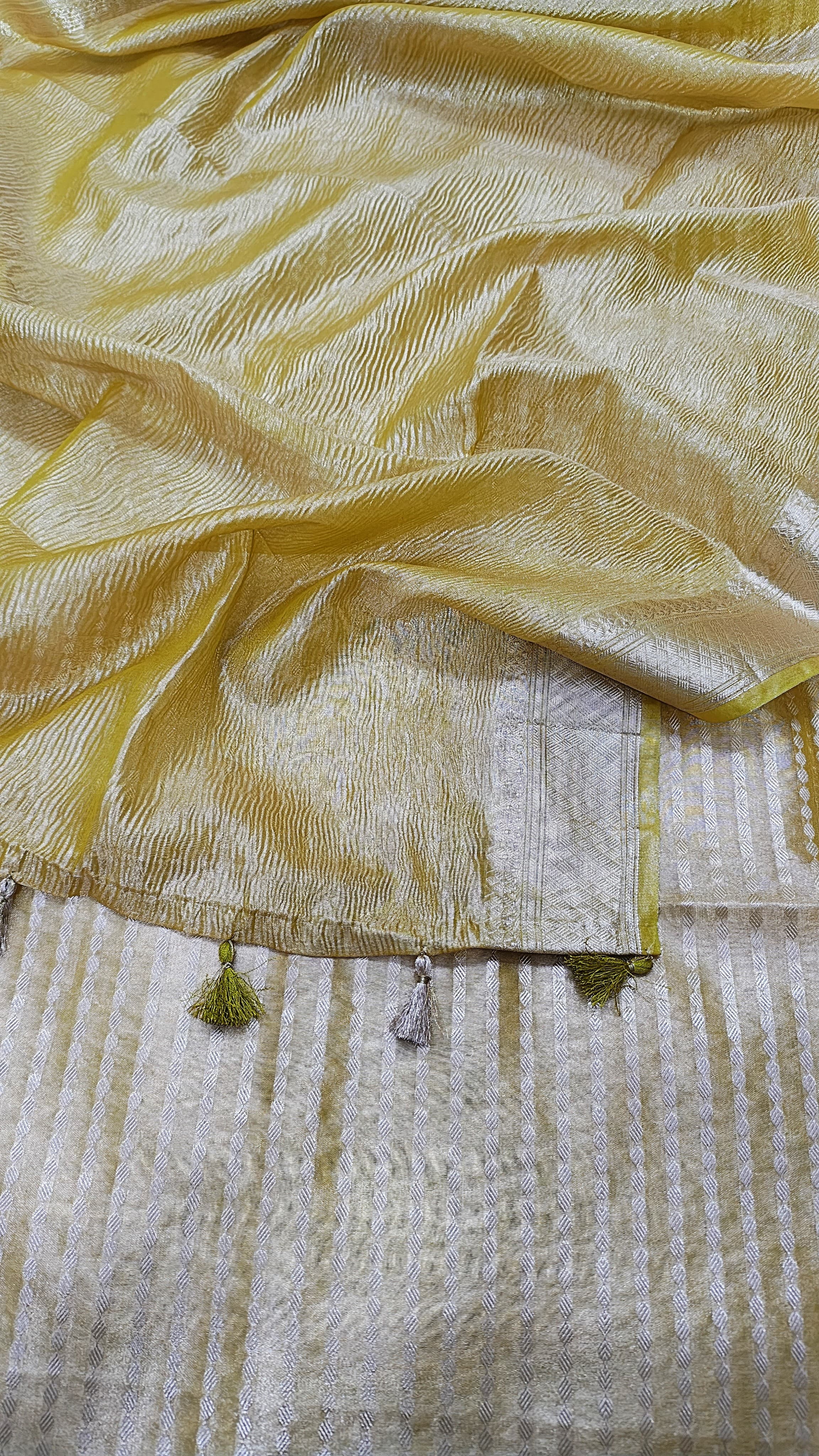 Yellow Tissue Silk 3 Piece Weaving Lining  Suit with Zari Border Jhalar Dopatta