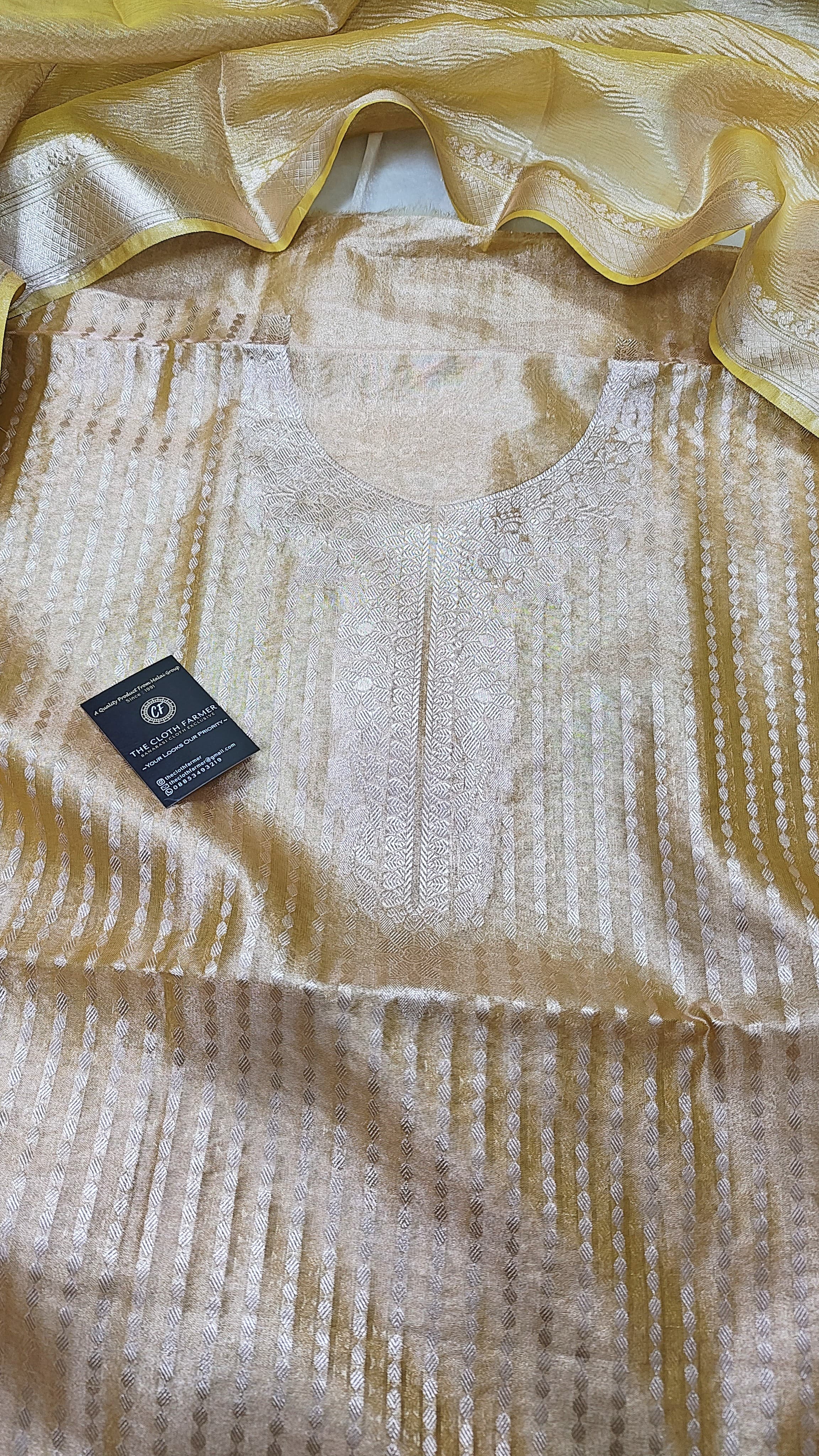 Yellow Tissue Silk 3 Piece Weaving Lining  Suit with Zari Border Jhalar Dopatta