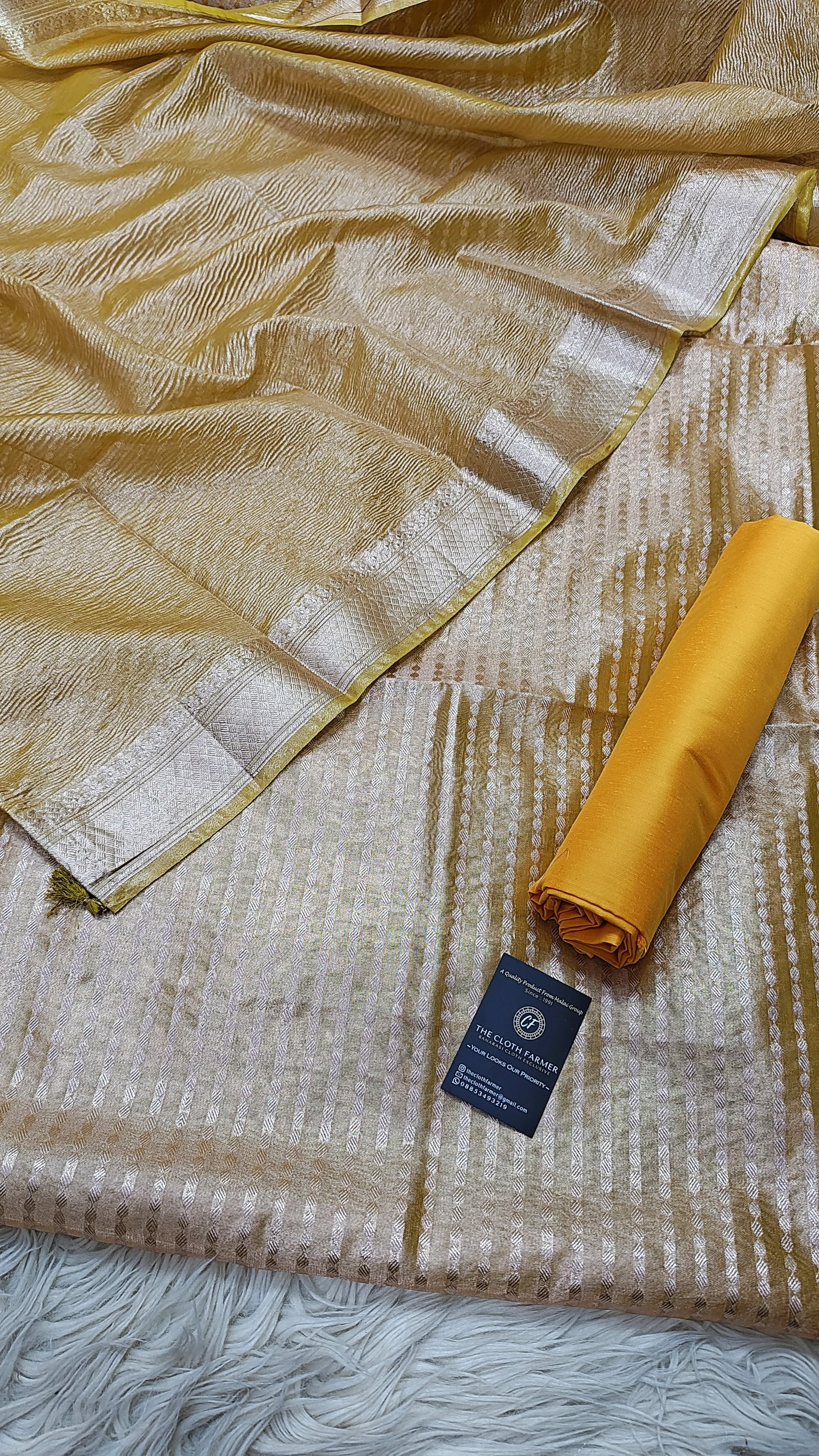 Yellow Tissue Silk 3 Piece Weaving Lining  Suit with Zari Border Jhalar Dopatta