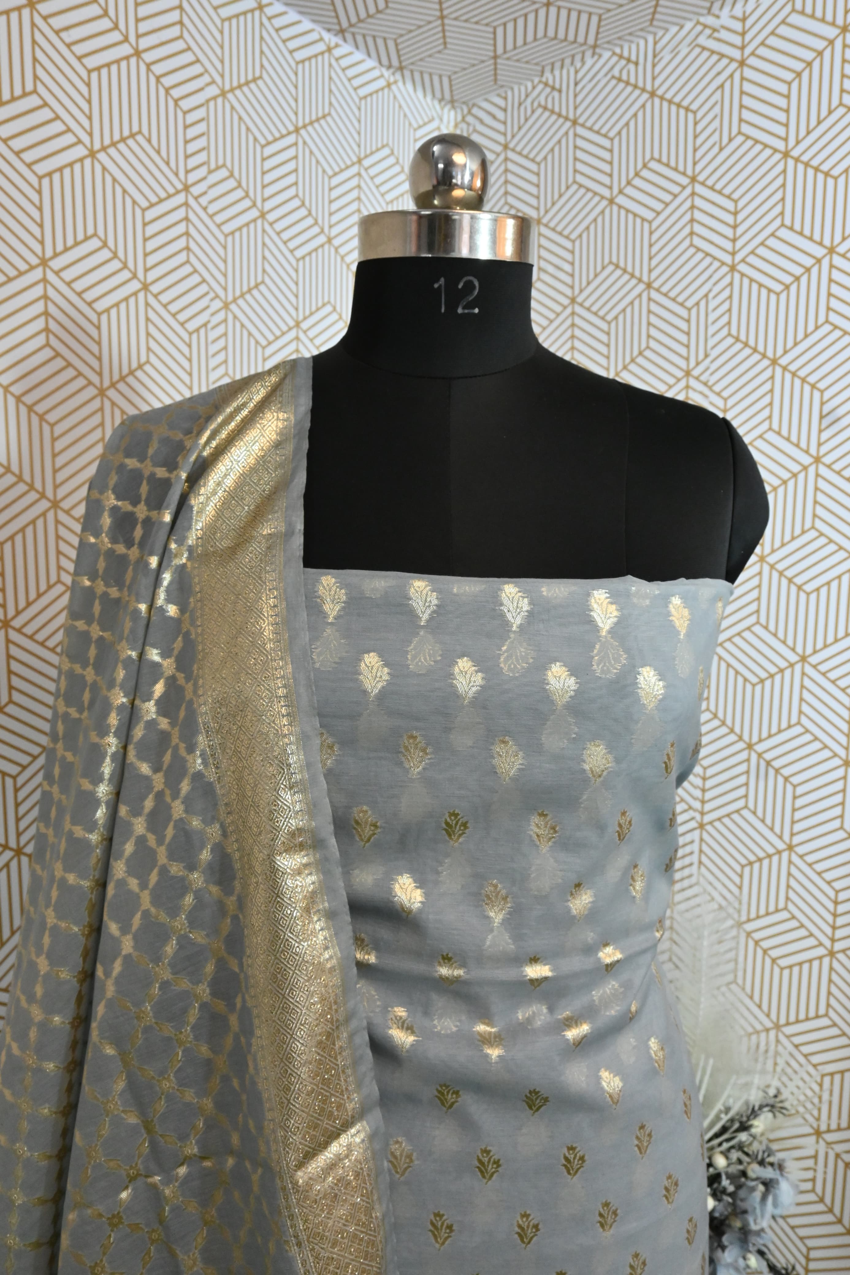 Grey Banarasi Kimkhab Silk 3 Piece Suit