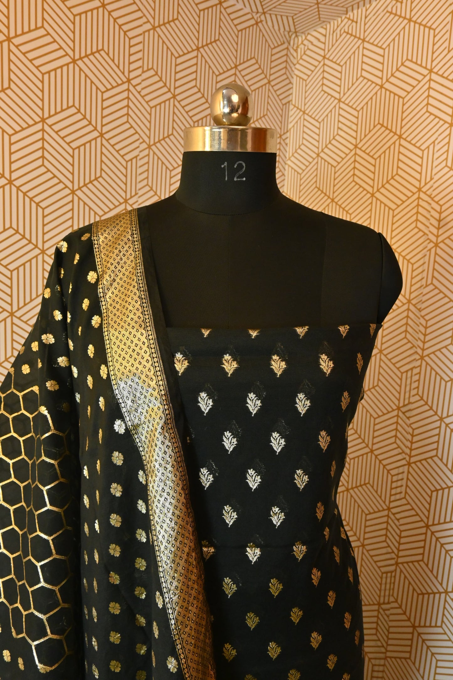Black Booti with Gold Zari Banarasi Cotton Silk 3 Piece Suit