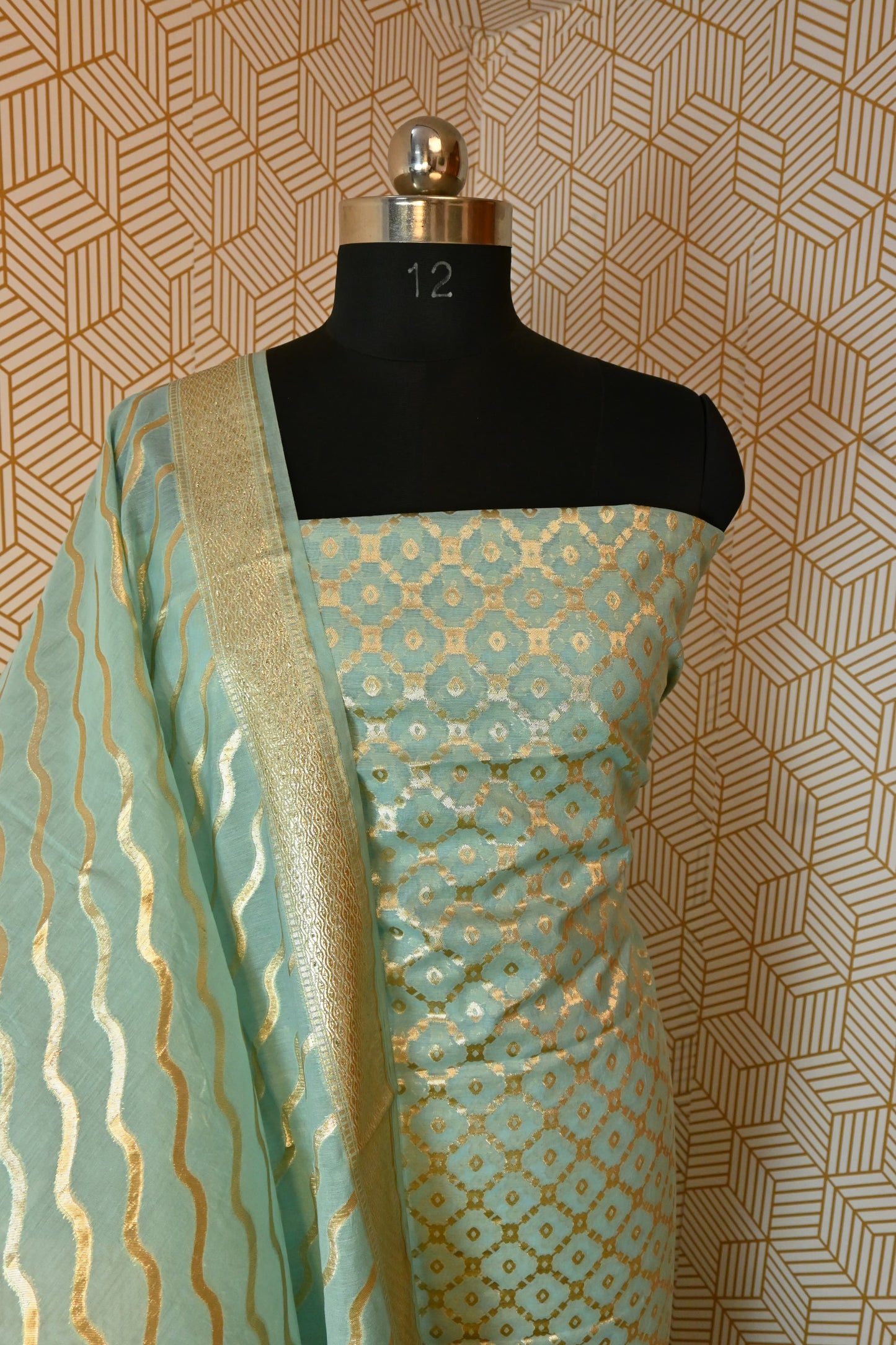 Sky Blue Banarasi Cotton Silk 3 Piece Suit
