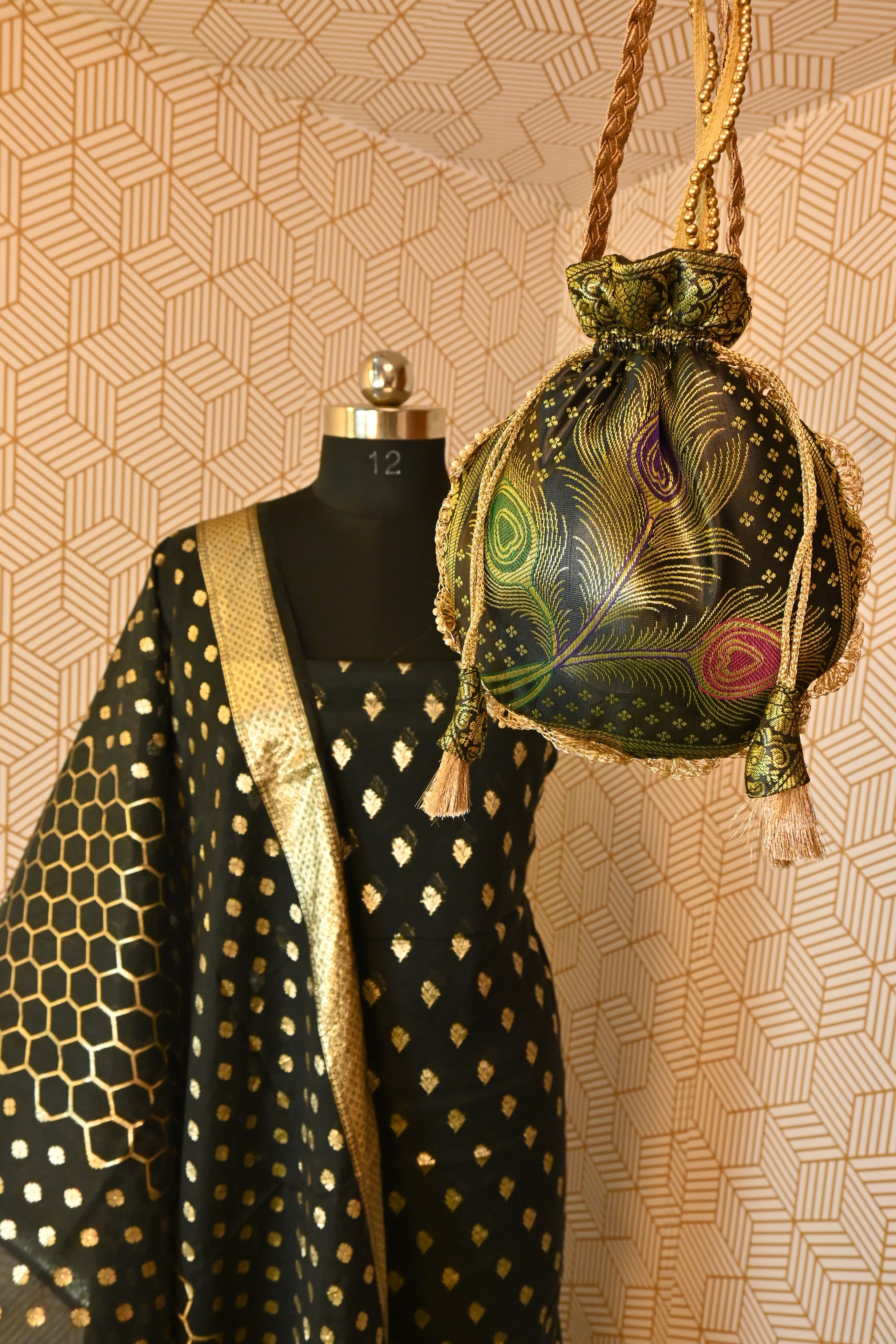 Black Booti with Gold Zari Banarasi Kimkhab Silk 3 Piece Suit