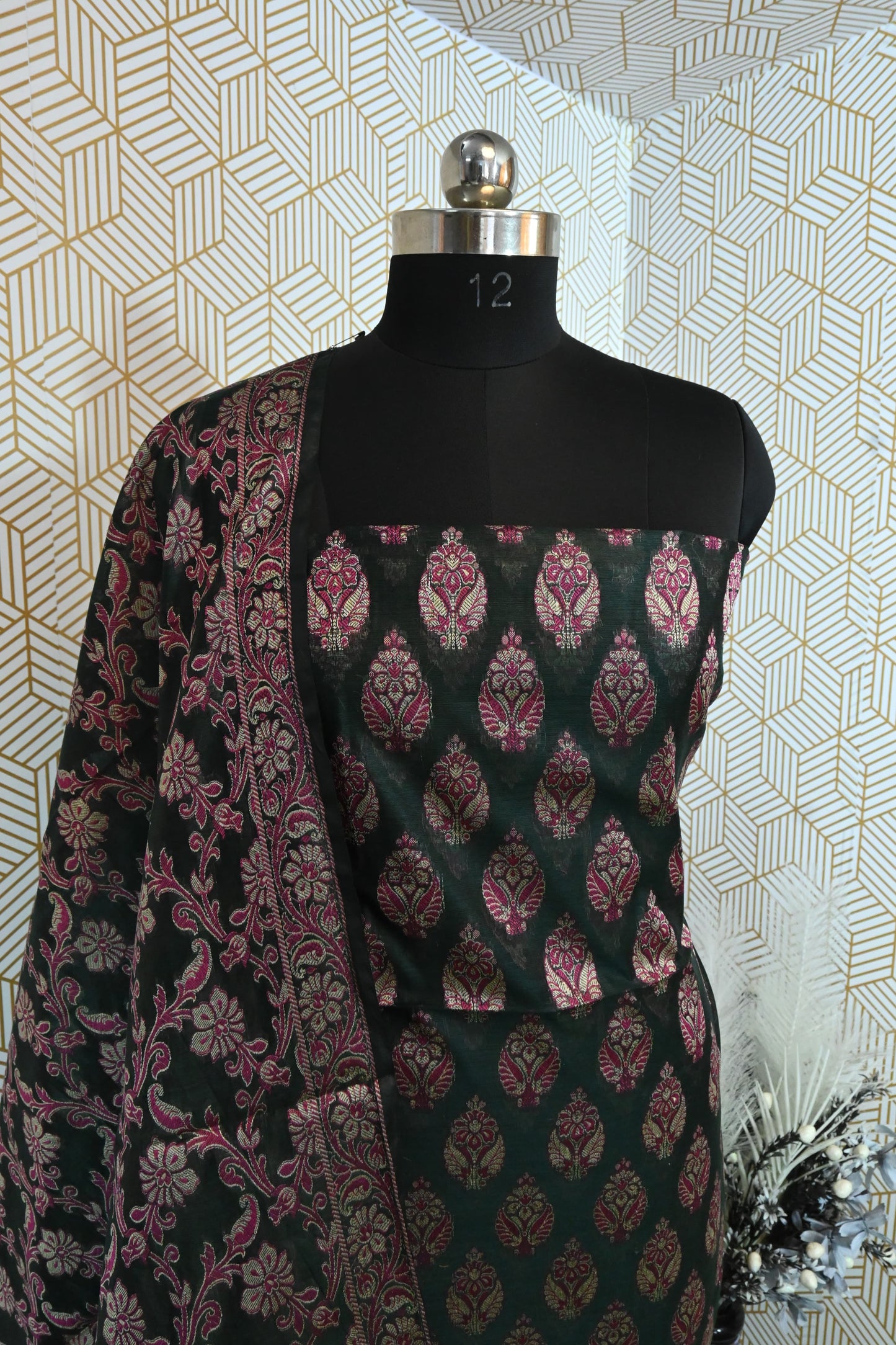 BOTTLE GREEN BANARSI COTTON SILK 3 PIECE SUIT