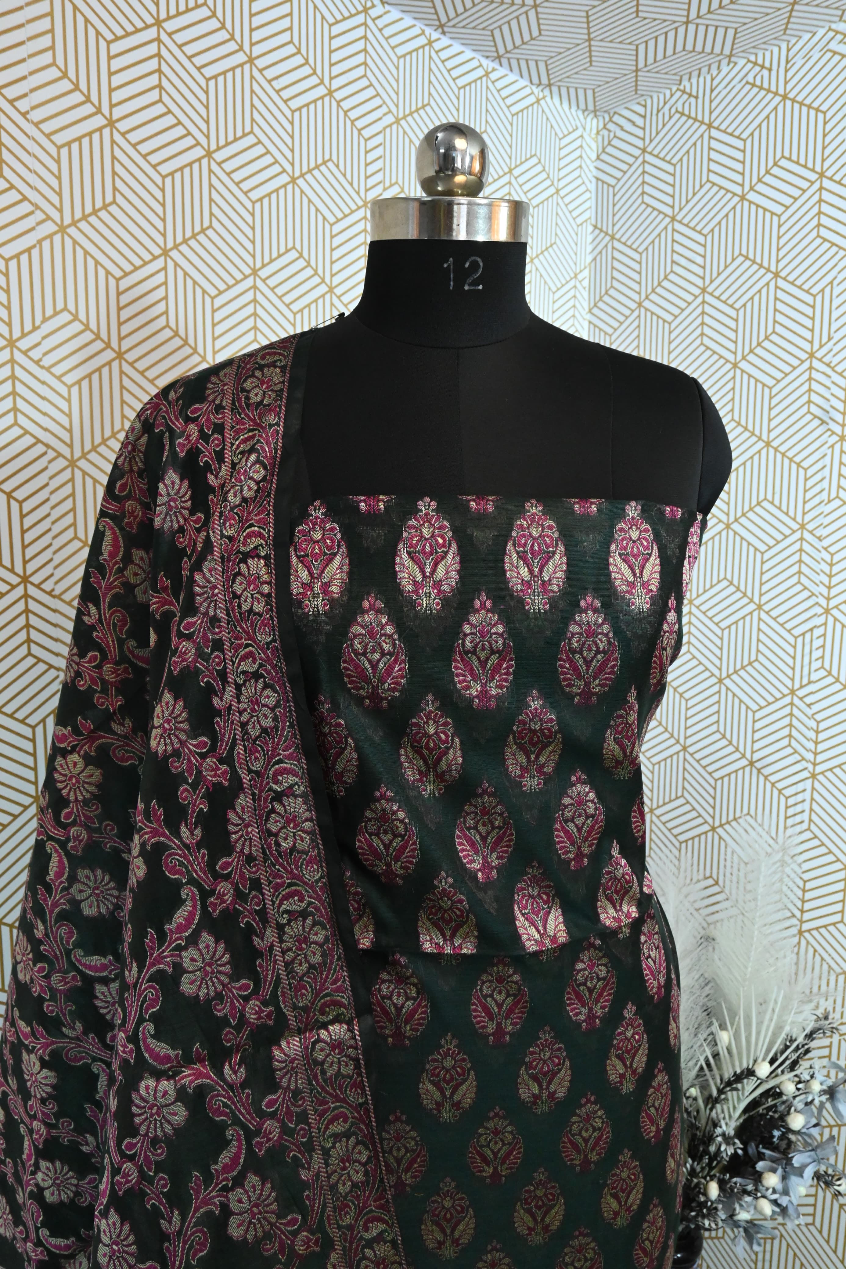 Black Meenadar Banarasi Kimkhab Silk 3 Piece Suit