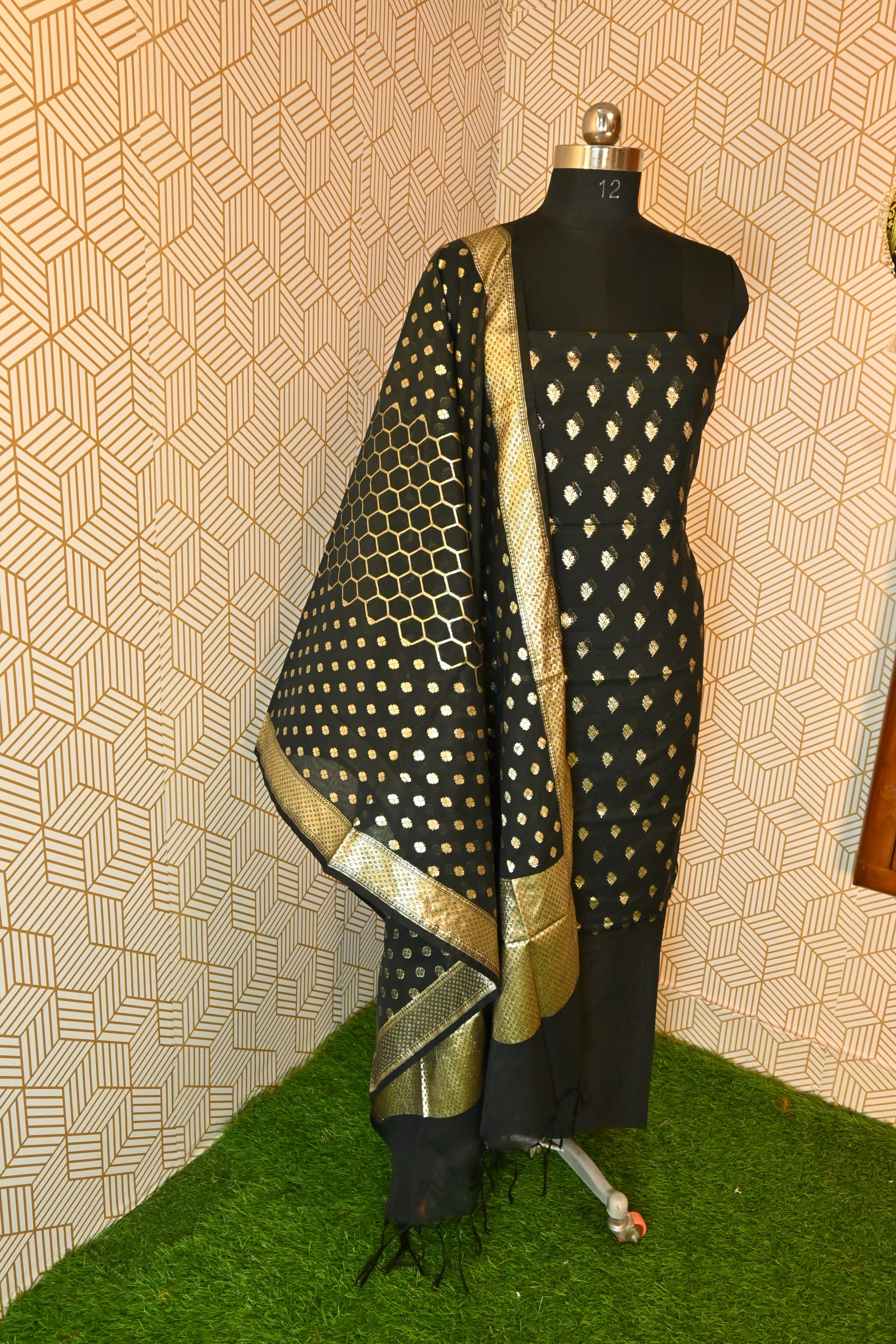 Black Booti with Gold Zari Banarasi Kimkhab Silk 3 Piece Suit