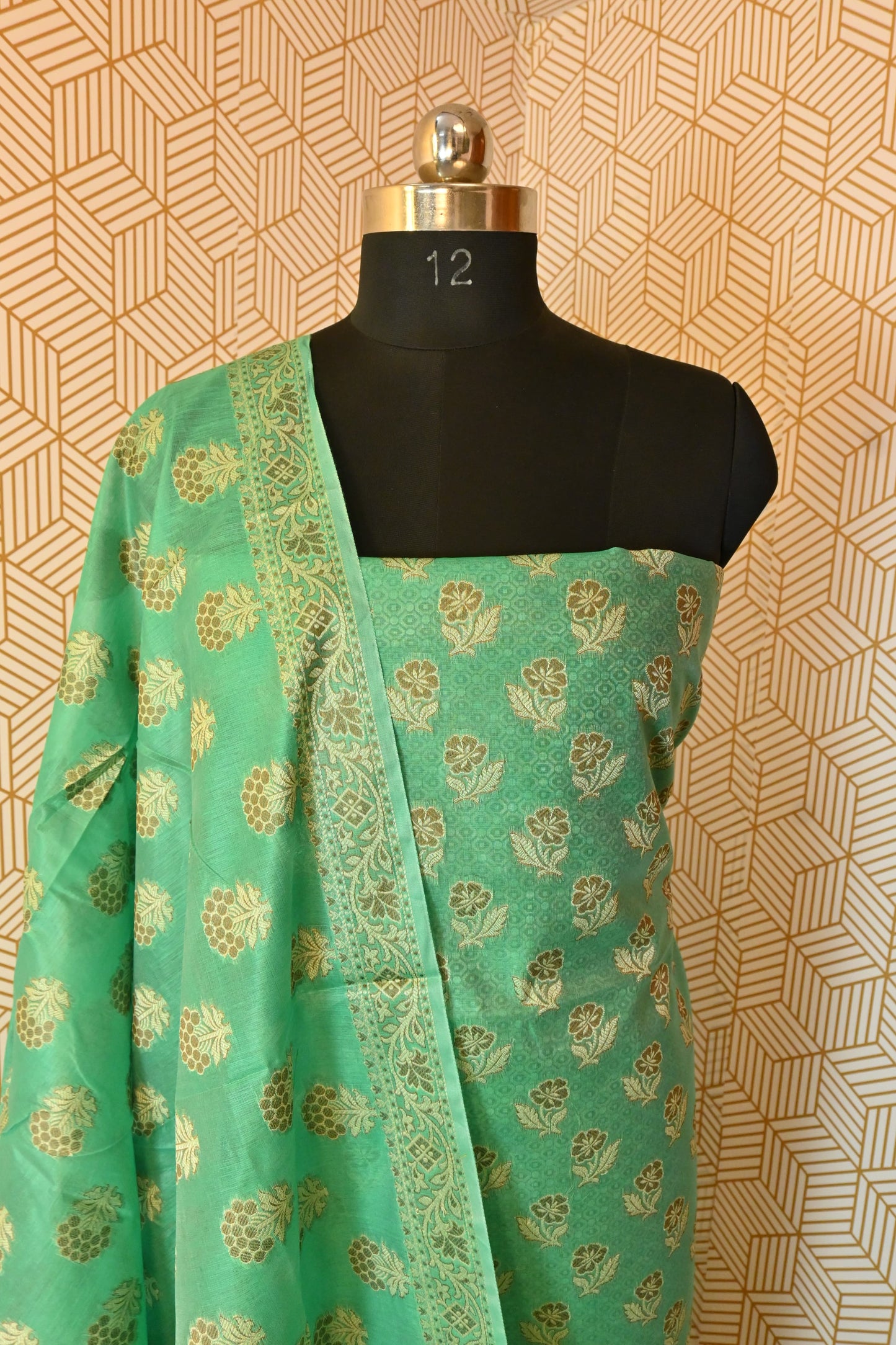 Sea Green Meenadar Banarasi Cotton Silk 3 Piece Suit