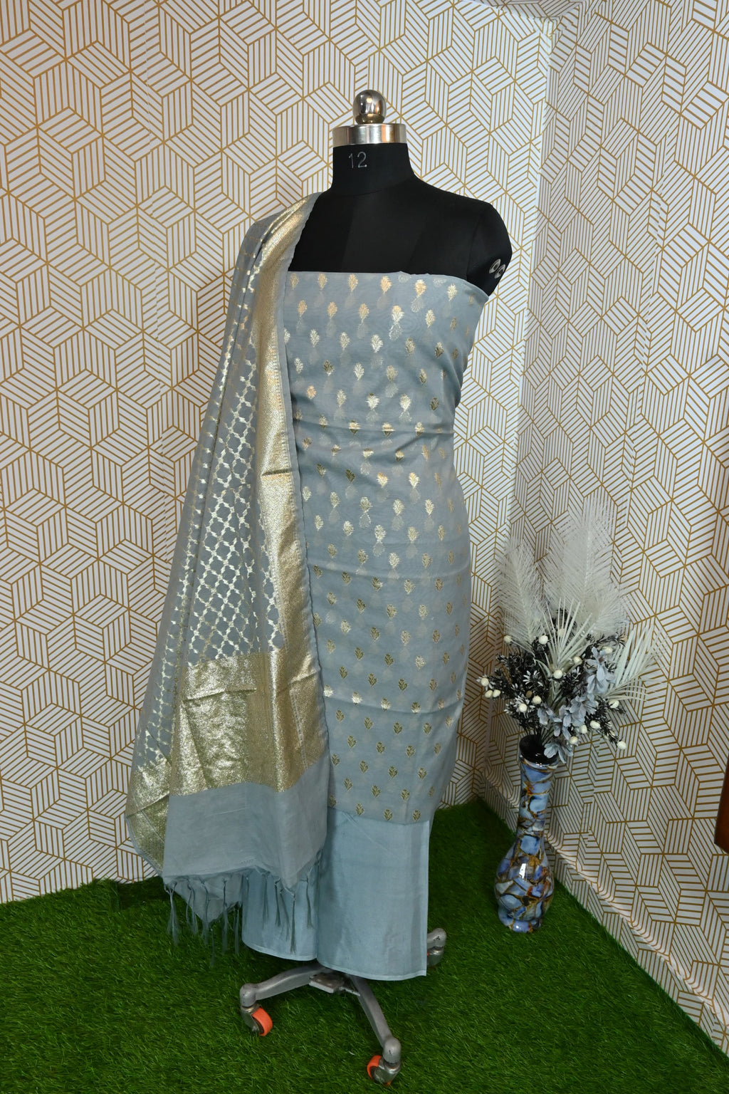Grey Banarasi Kimkhab Silk 3 Piece Suit