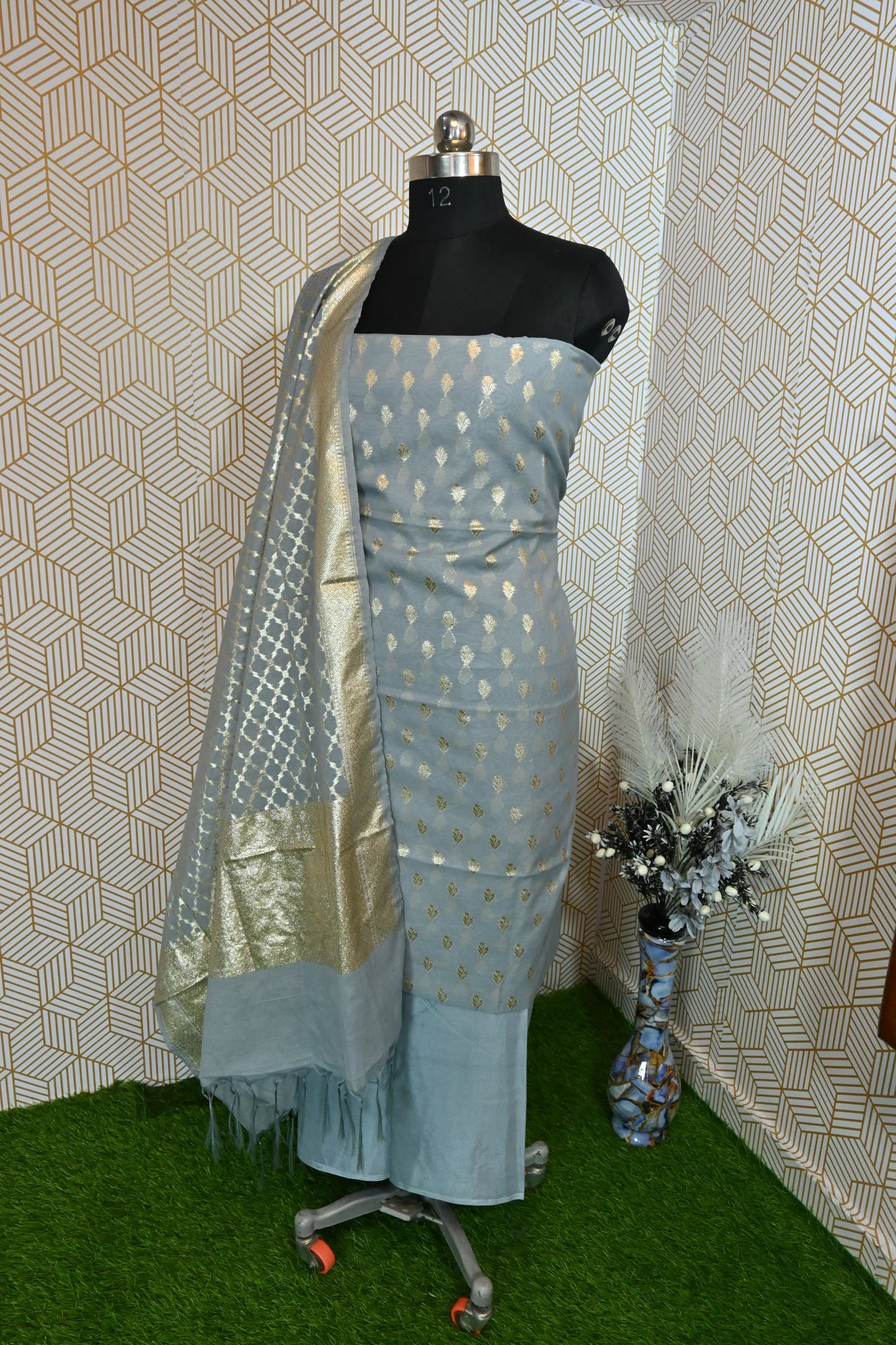 Grey Banarasi Cotton Silk 3 Piece Suit