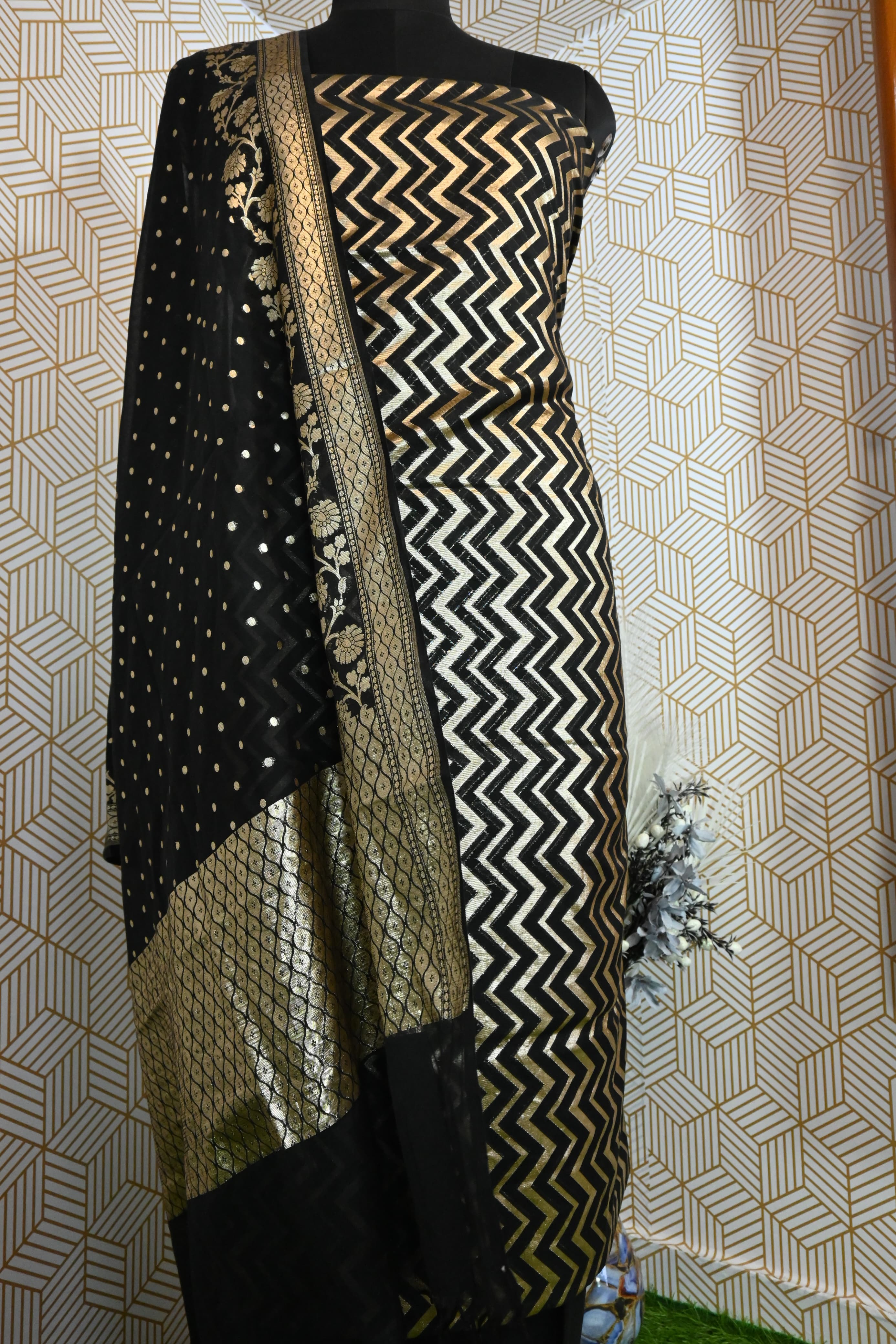 Black Zig-Zag Banarasi Kimkhab Silk 3 Piece Suit