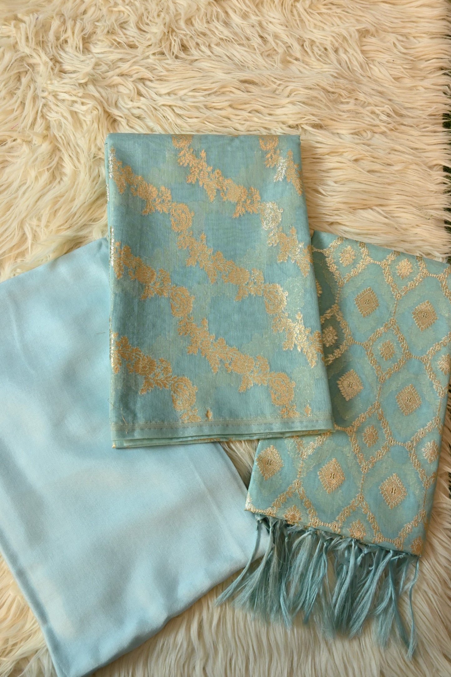 Sky Blue Aada Design Banarasi Cotton Silk 3 Piece Suit