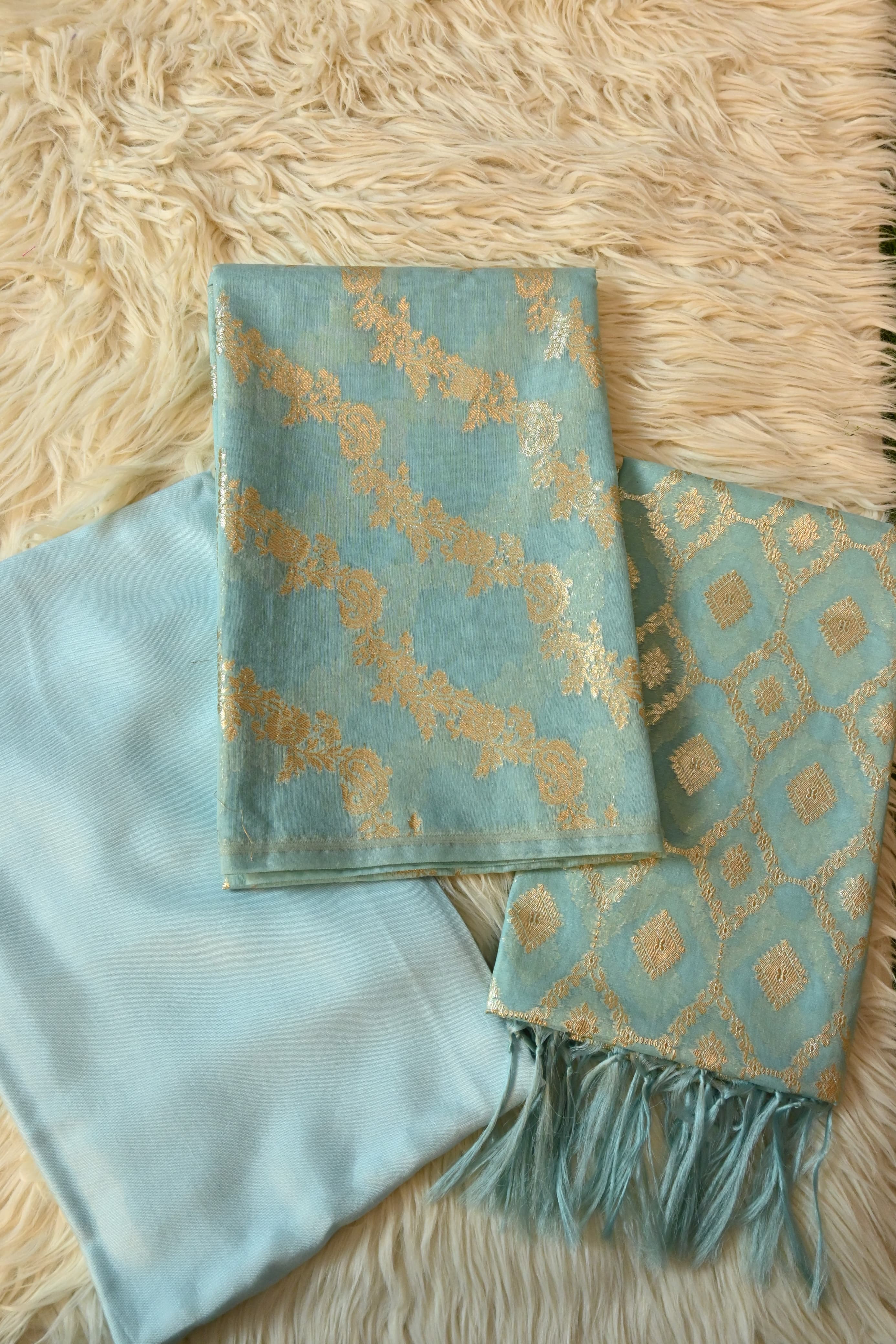 Sky Blue Aada Design Banarasi Kimkhab Silk 3 Piece Suit