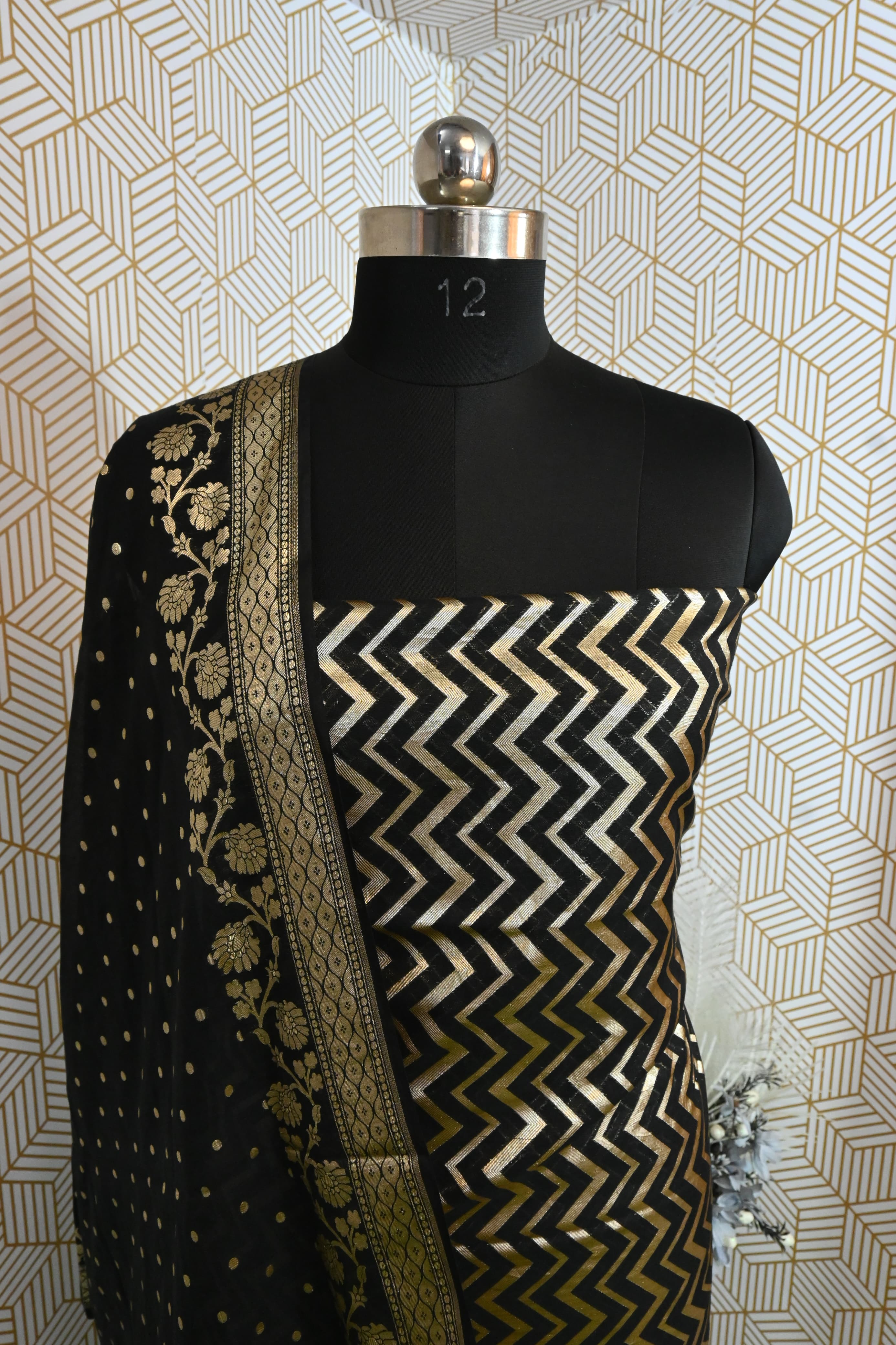 Black Zig-Zag Banarasi Kimkhab Silk 3 Piece Suit